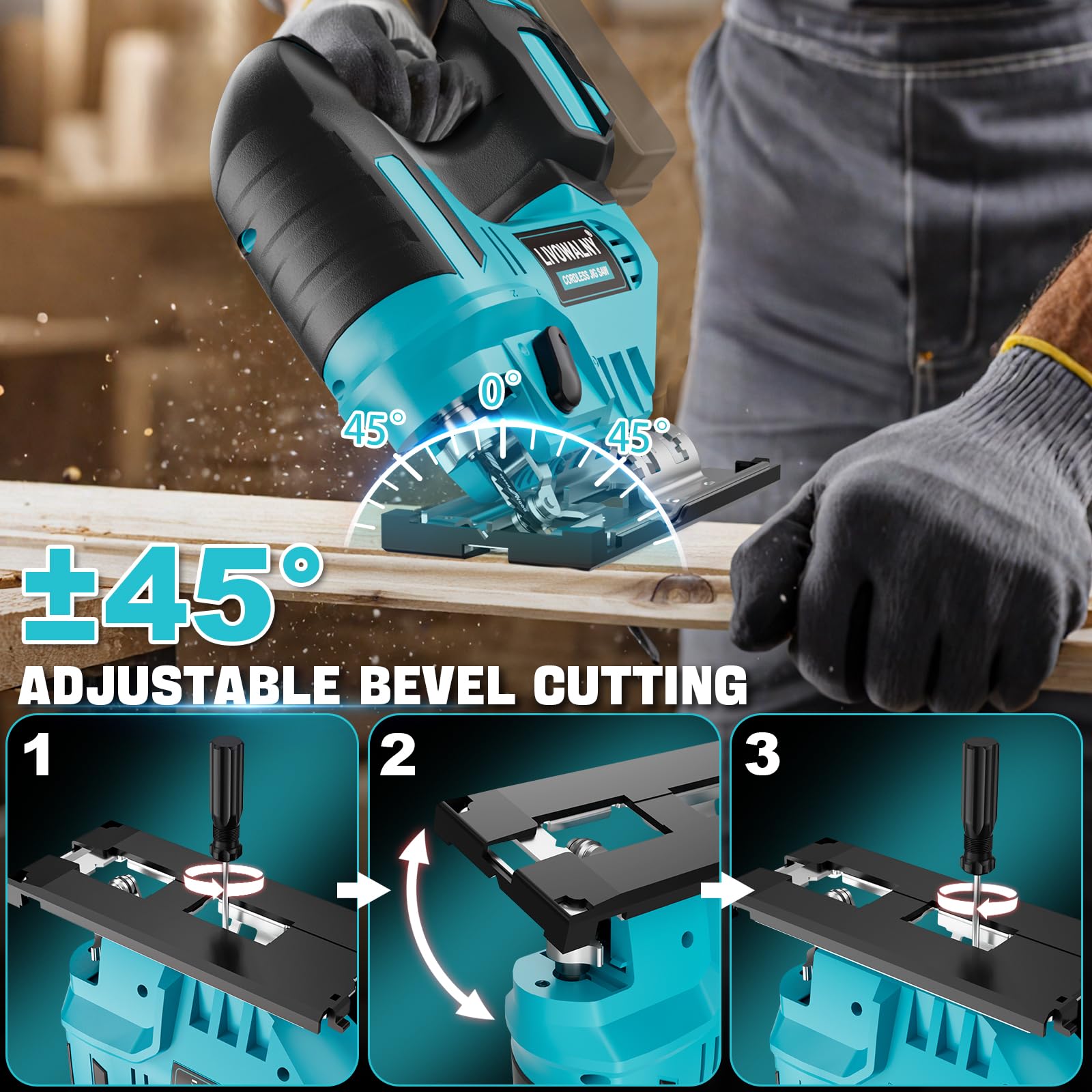 LIVOWALNY Seghetto Alternativo Senza Filo Compatibile con Batterie Makita 18V, Velocità Variabile, Taglio a Inclinazione 45°, con 6 Lame – Per Legno, Metallo e Plastica (Batteria Non Inclusa)