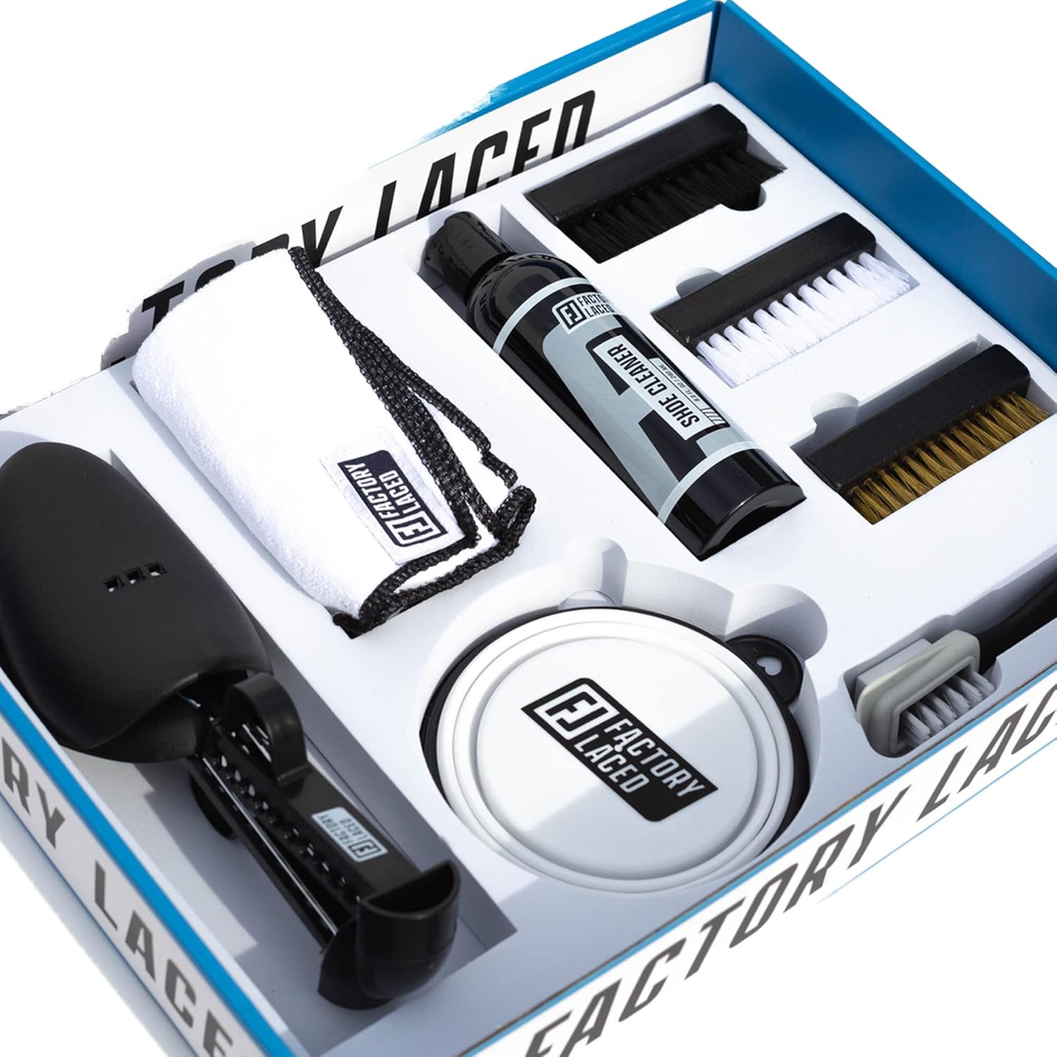 FACTORY LACED Shoe Cleaner Sneakers Kit - The Ultimate Sneaker Cleaner Experience: Shoe Cleaner Kit Includes: 8oz Sneaker Cleaning Solution, 4 Shoe Brushes, 2 Shoe Trees, Microfiber Towel