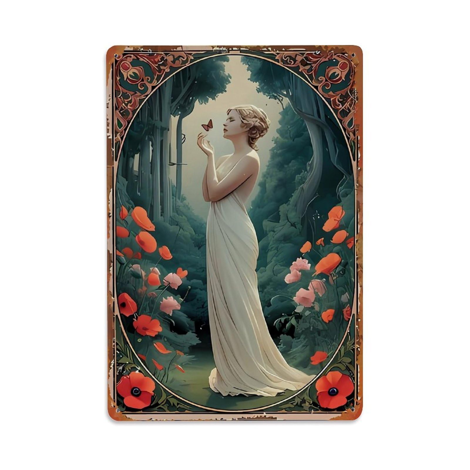 Jdfenggu Vintage Forest Woman Butterfly Flowers Retro Metal Tin Sign, Decor Art Poster For Bar, Home, Man Cave, Kitchen, Laundry Room Gift 8X12inch