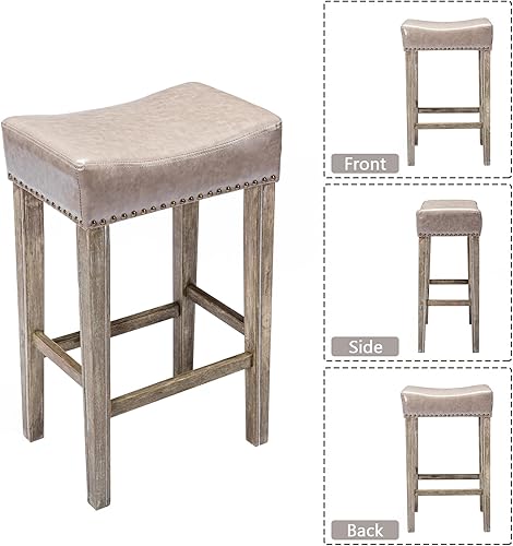 Miniatura 8 de Noskatu Juego de 2 taburetes de bar de 29 pulgadas de altura de mostrador, taburetes de cuero sintético, con cabeza de clavo, sillas de bar de