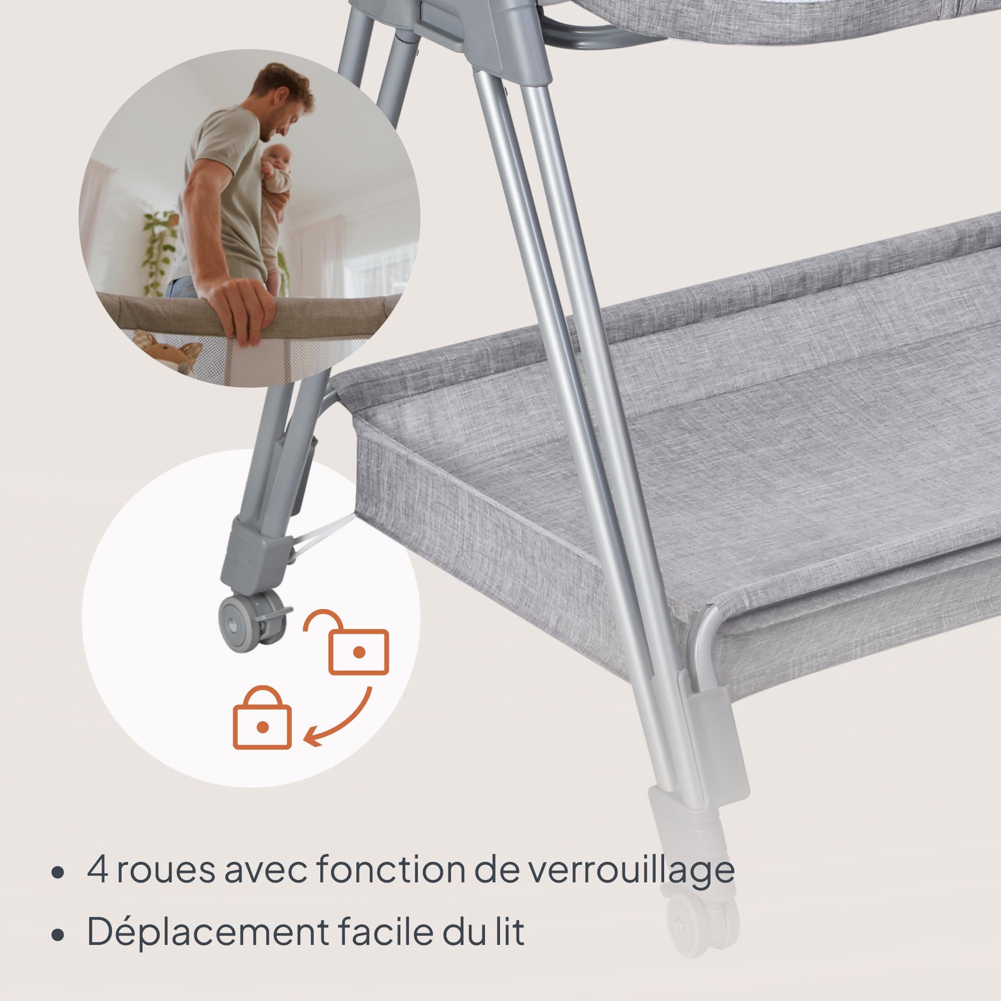 lionelo Luna, lit Bebe indépendant, cododo avec Matelas, co-Sleeping, du Nouveau-né à 9 kg. Hauteur et Inclinaison réglables, 4 Roues avec Blocage, Fixation au lit des Parents, aéré