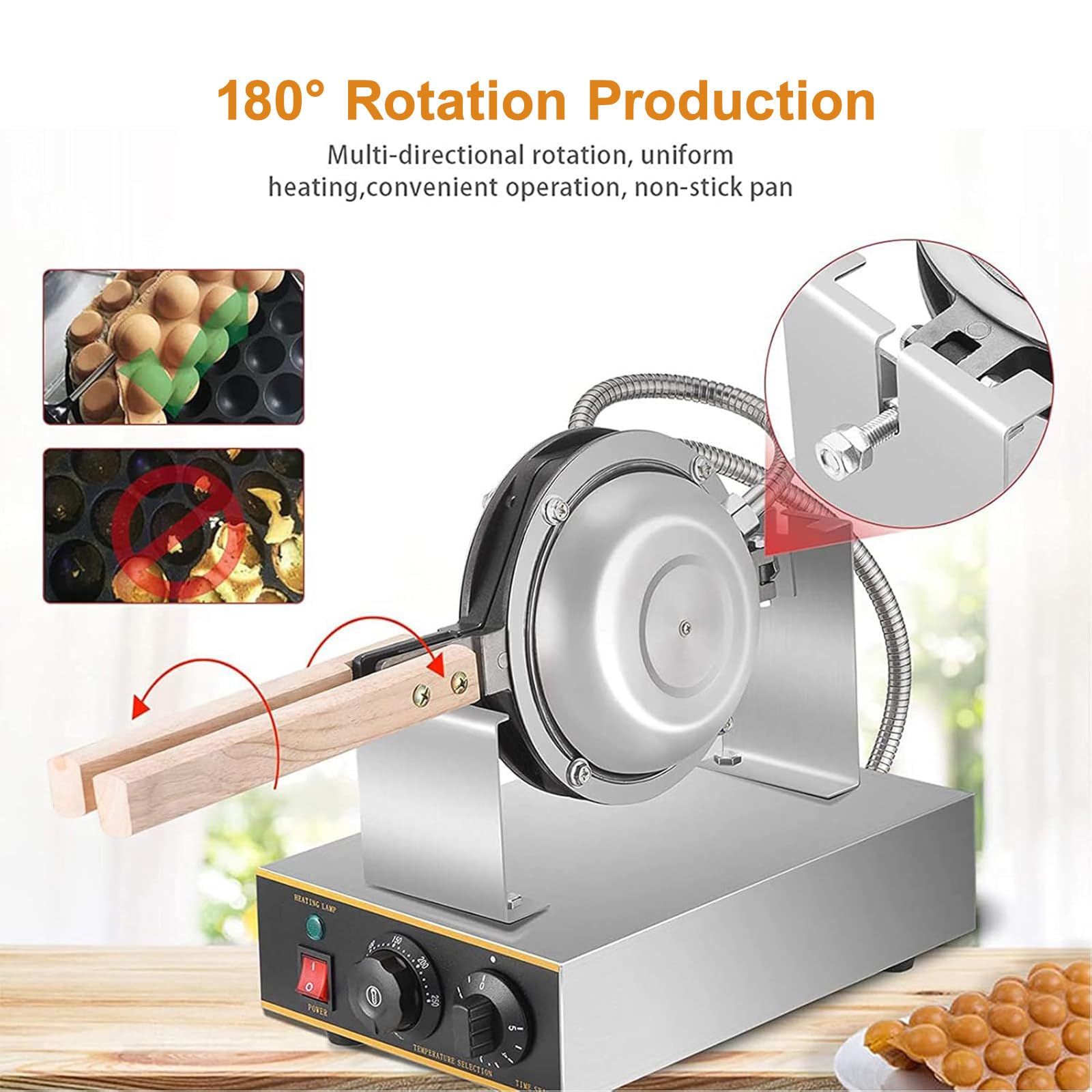 Bubble Waffle Maker, Elektryczna Gofrownica Jajeczna Gofrownica, Gofrownica Jajeczna, Komercyjna, Elektryczna, Nieprzywierająca, Regulacja Temperatury 50–250°C,DoubleHead