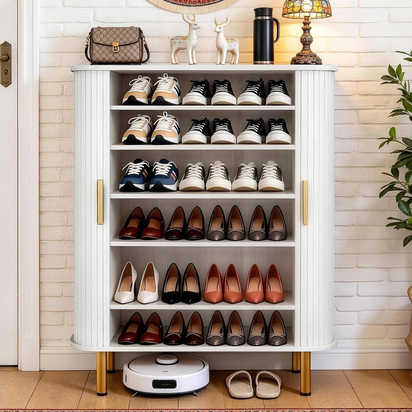 Shoe Cabinet Storage for Entryway: 6-Tier Shoe Cabinet with Adjustable Shelves & Sliding Doors, Mid-Century Modern Freestanding Shoe Storage Organizer for Entryway, Hallway, Living Room