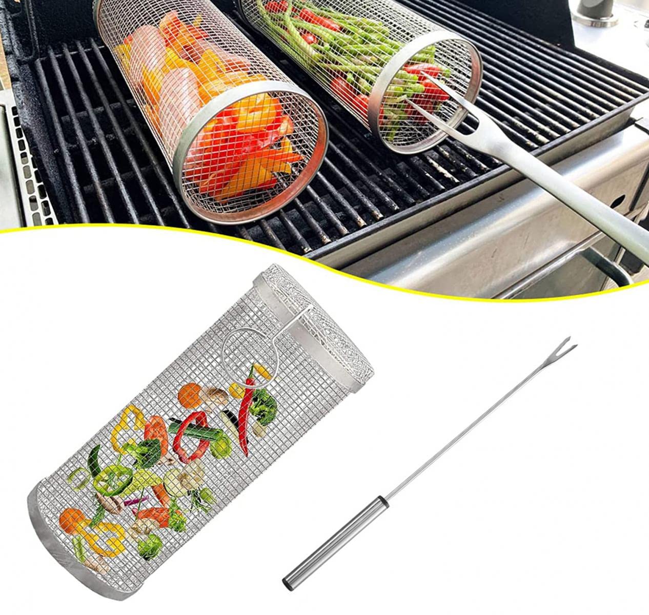 Goodern BBQ Rolling Grill Basket with Fork,BBQ Net Tube Grill Round Basket Stainless Steel Wire Mesh Cylinder Grill Basket BBQ Accessories BBQ Grill Mesh Portable Outdoor Camping Barbecue (30cm)