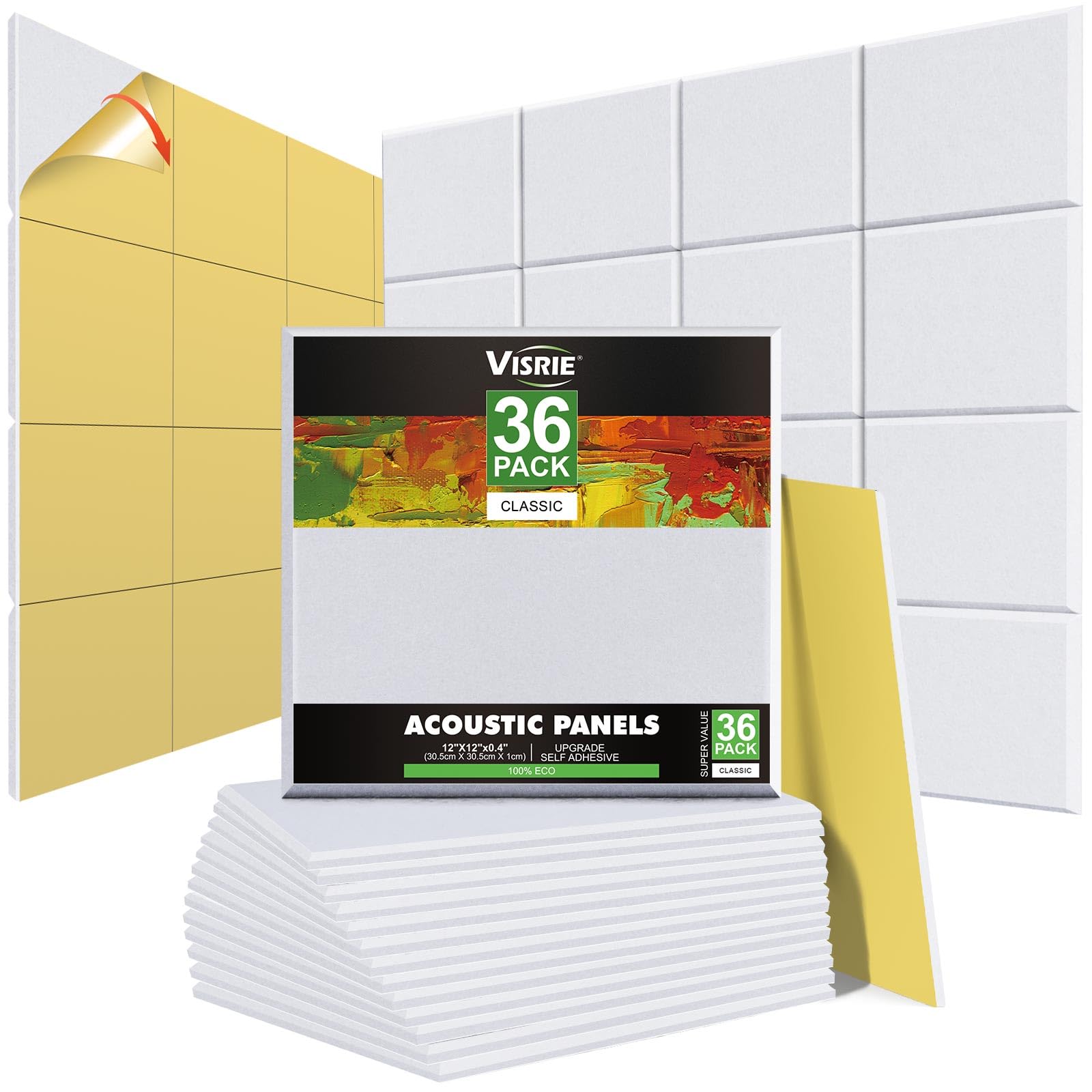 Paquete de 36 paneles acústicos blancos de 12 x 12 x 0.4 pulgadas, paneles de pared insonorizados, decoración de pared, panel absorbente de sonido, paneles de tratamiento acústico de alta densidad