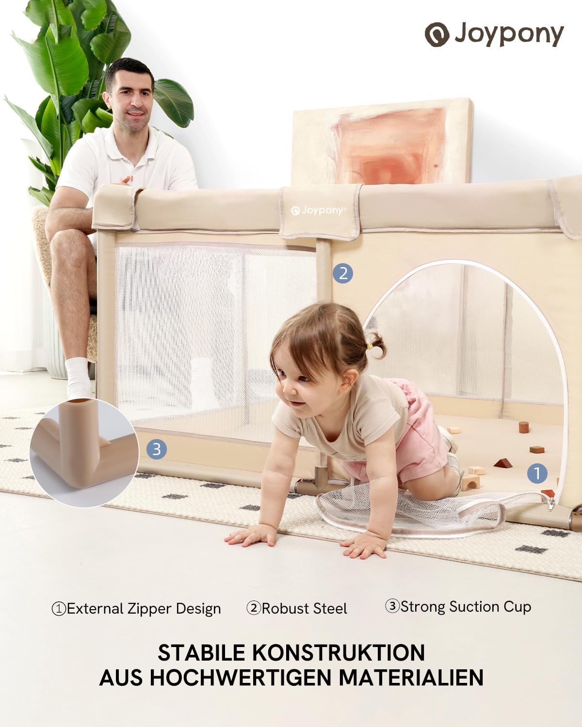 Joypony Parc pour bébé - 127 x 127 cm - Avec filet respirant à 360° - Ventouses antidérapantes - Zone de jeu stable pour bébés et tout-petits - Parc d'intérieur - Beige clair