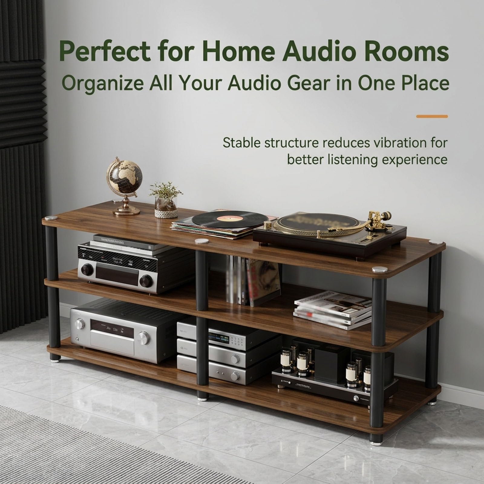 Stereo Stand with Wood Shelves, 4-Tier Audio Rack for Home Theater