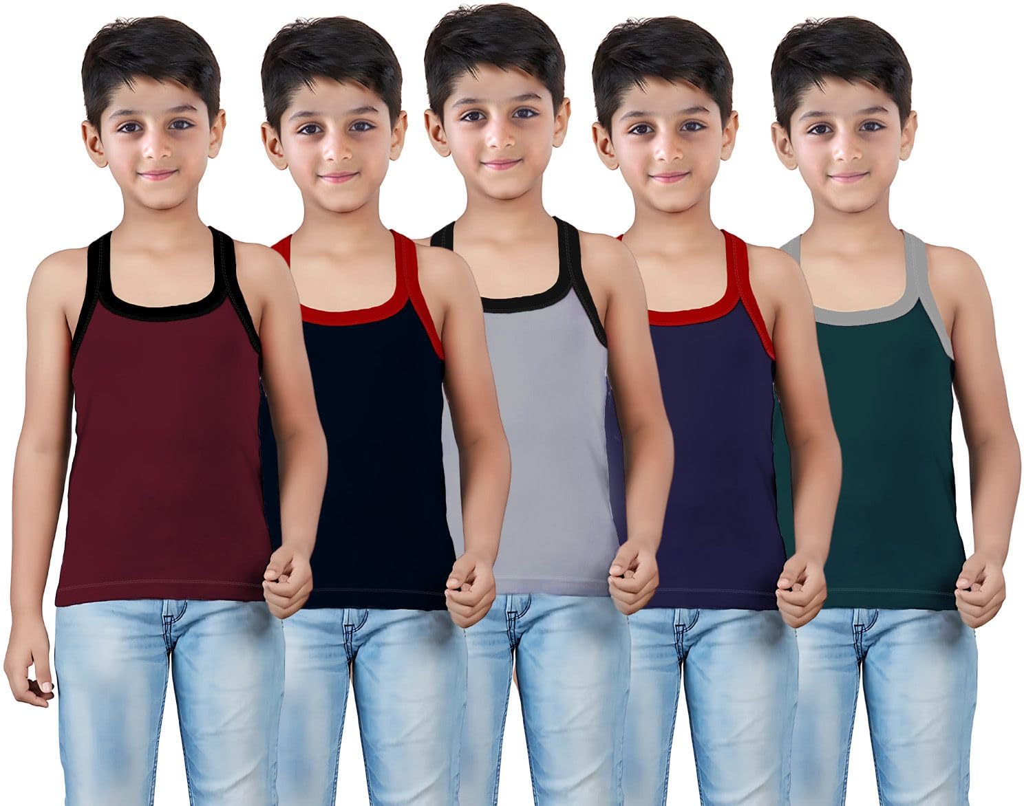 Boys Multicolor Rib Vest Pack (Pack of 5)-image-25