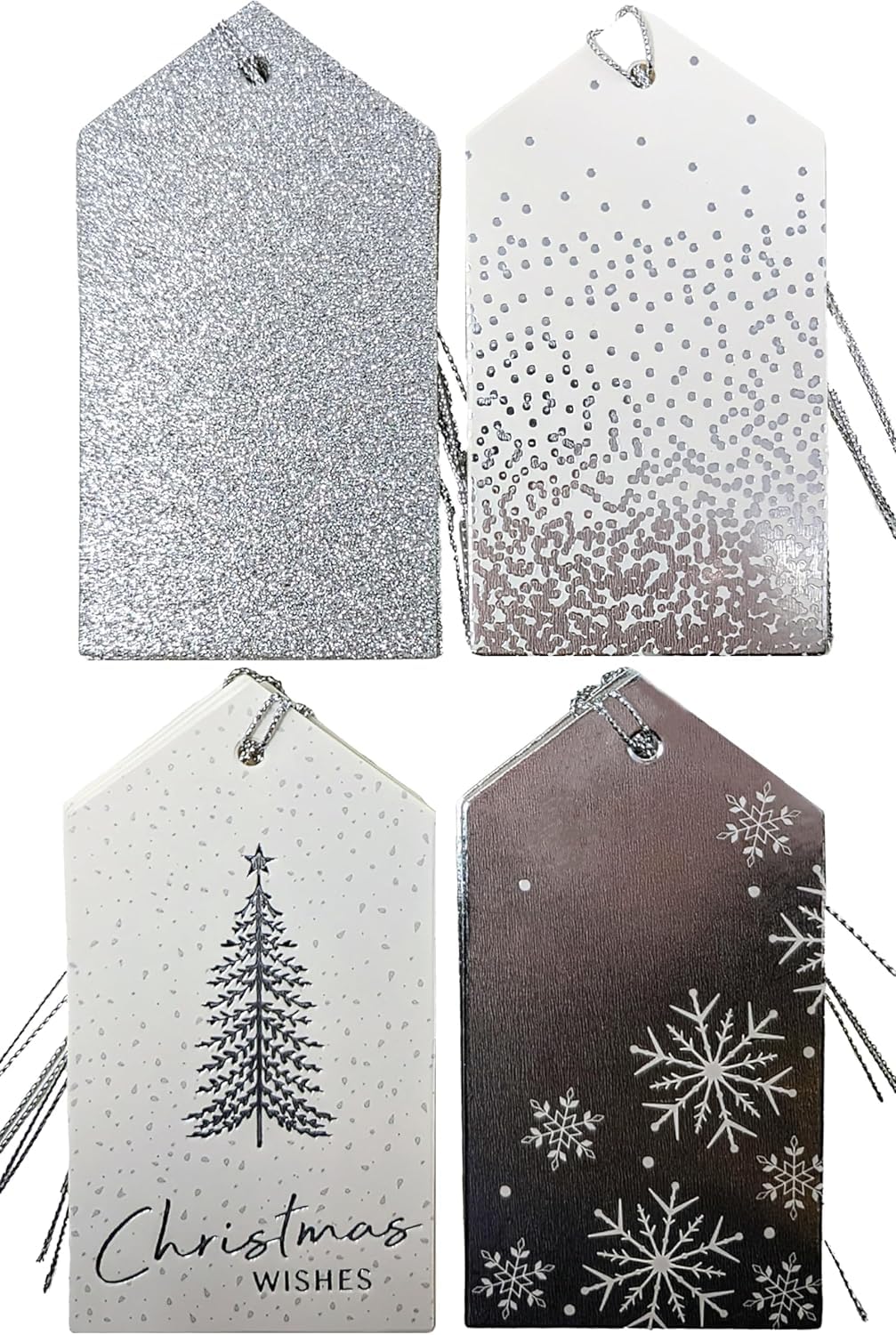 40 Luxury Silver Gift Tags for Christmas – 4 Elegant Foil Designs – Pre-Attached Silver String – Writable Blank Reverse – 11.5 x 6.2cm – (2 Packs) of 20 Luxury Tags
