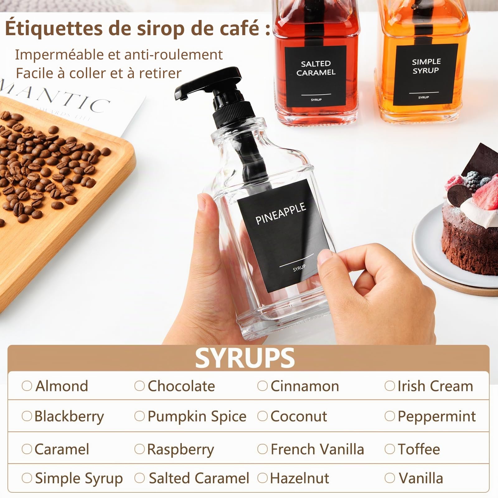 YBCPACK Lot de 3 distributeurs de sirop à café en verre de 500 ml - Distributeur de sirop anti-fuite avec étiquettes - Bouteilles de sirop à remplir pour café et cuisine