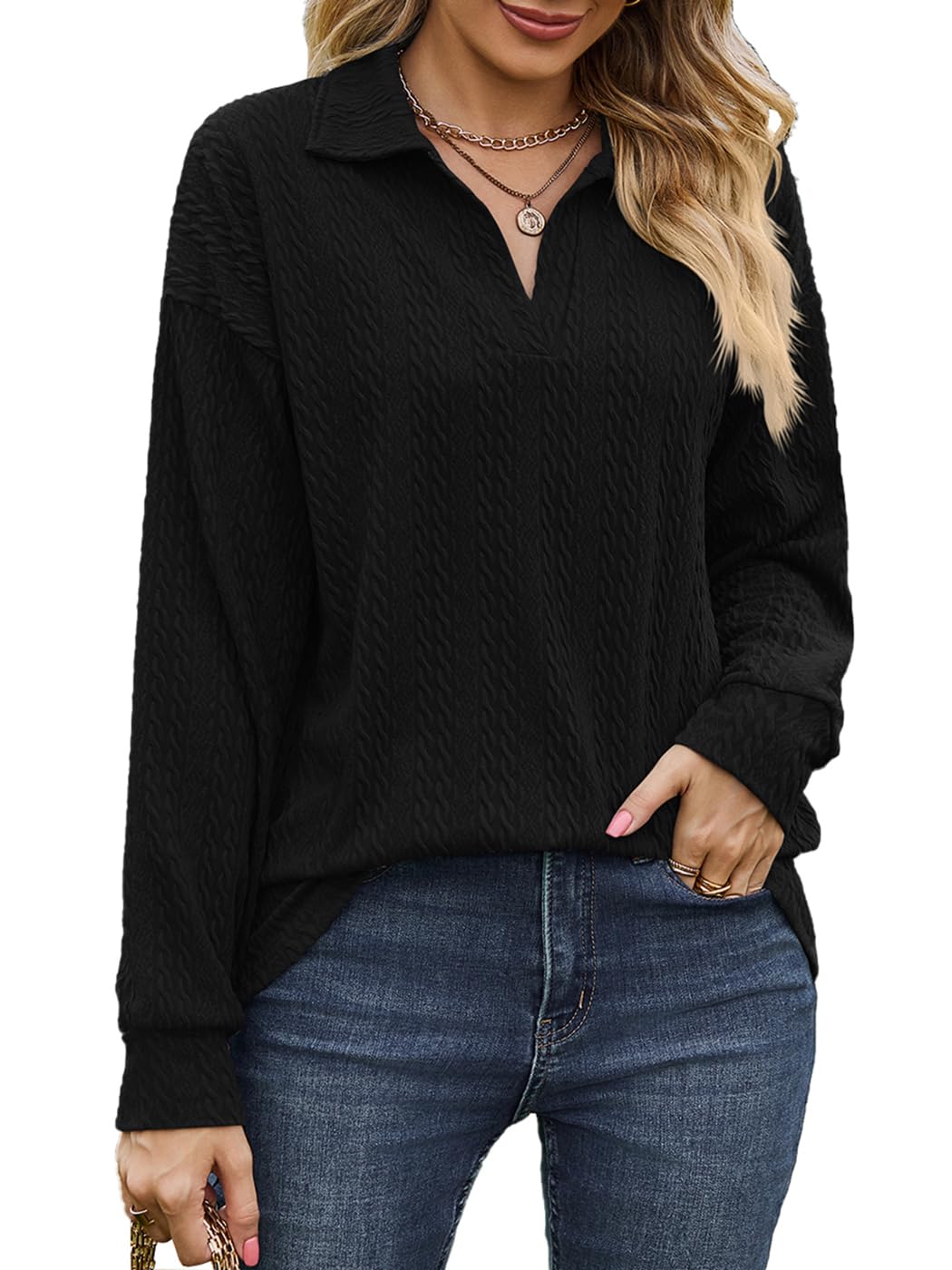ABYOVRT Camisa de Manga Larga con Cuello en V para Mujer Blusa Elegante y Cómoda Top de Colores Sólidos Casual de Trabajo para Primavera Otoño,S-XXL