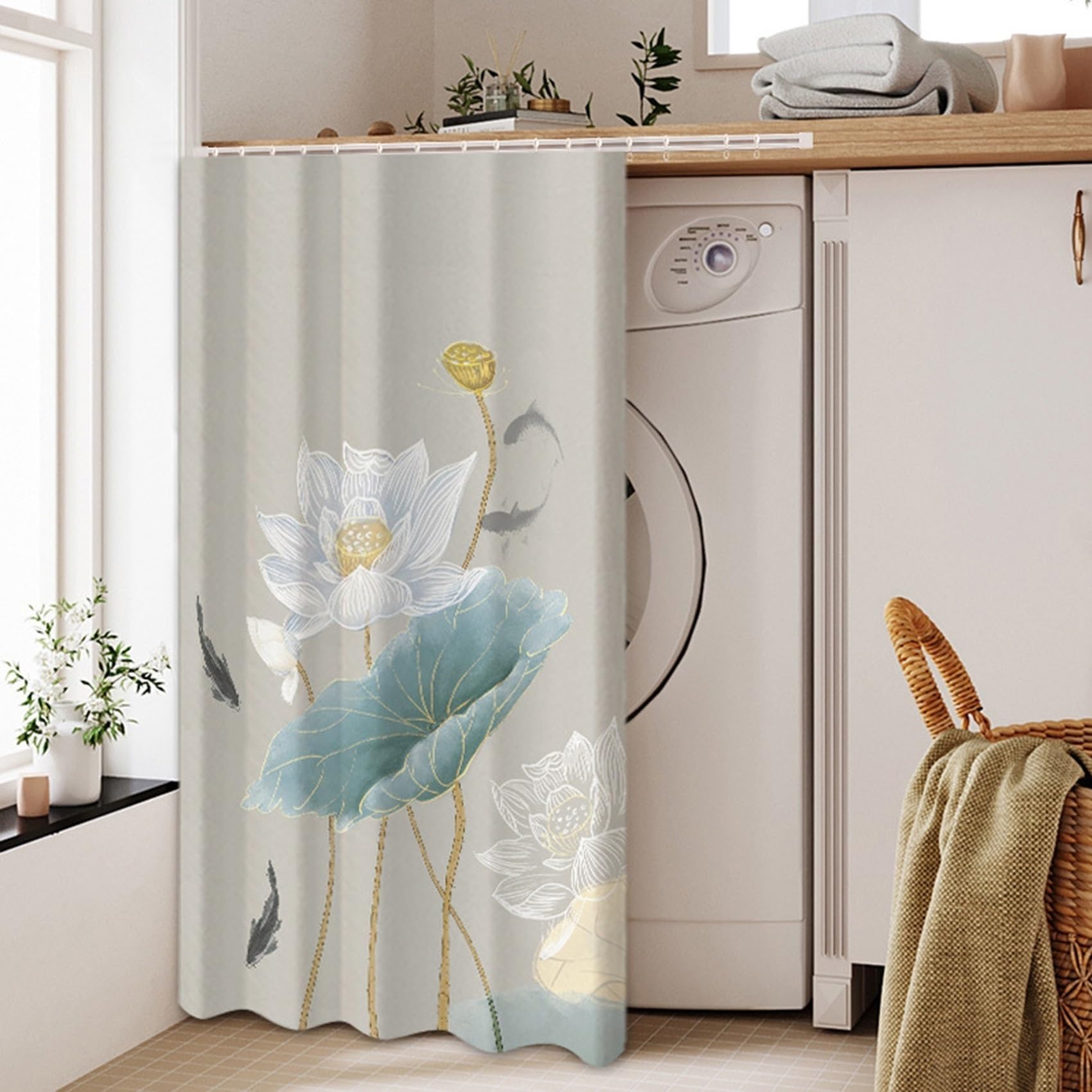 GUOIOOI Dishwasher Curtain,No Drill Silent Curtain for Washing Machine,Waterproof Privacy Hanging Blind with Ink Wash Floral Print for Laundry Area Under Sink(Lake blue,W50*L70cm)