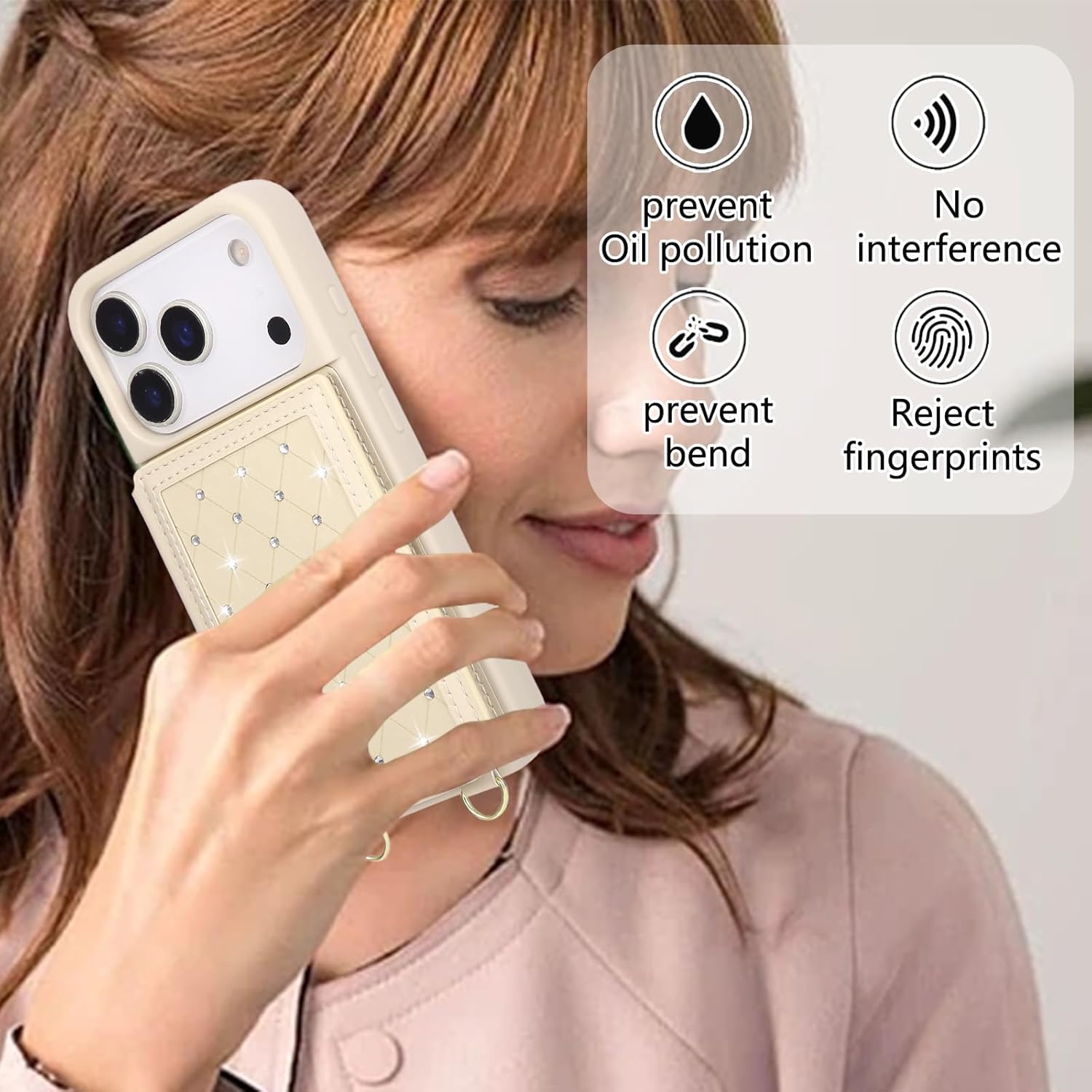 Crossbody Wallet Case for iPhone 17 Pro(6.3") with Detachable Strap - PU Leather Flip Folio with Card Slots & RFID Blocking, Sparkling Diamond Accents-Beige - Image 2