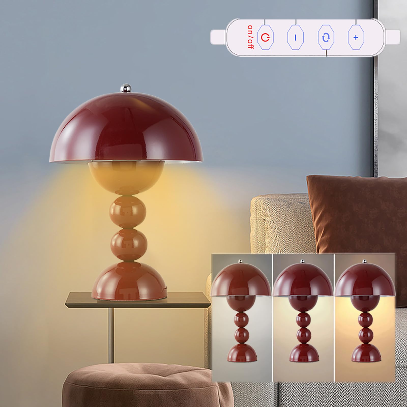 SXDMOUBK Mushroom Lamp for Room 3 Color Flowers Table Lamp Cordless Small Bedside Night light with Dimmable Stepless, Portable Mushroom Bedside Lamp for Bedroom,Living Room, Red
