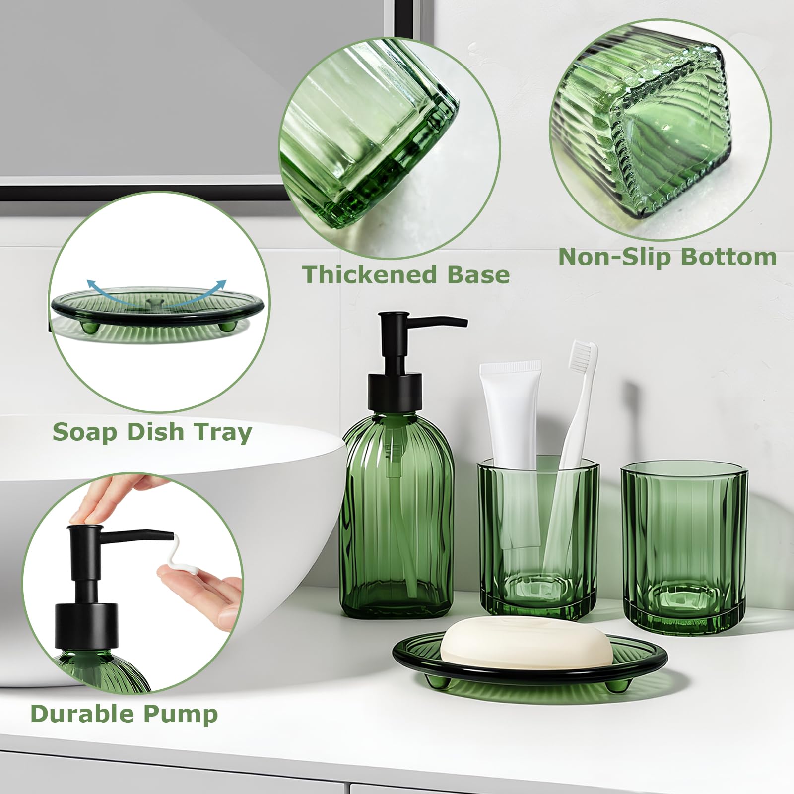 Lot de 4 accessoires de salle de bain modernes – Distributeur de savon, porte-savon, gobelet et porte-brosse à dents, distributeur de savon en verre pour salle de bain, évier, coiffeuse (vert)