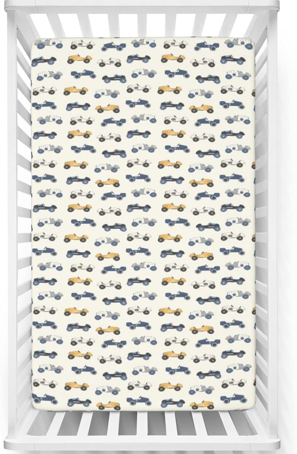 Cars Themed Fitted Crib Sheet,Standard Crib Mattress Fitted Sheet Soft & Stretchy Fitted Crib Sheet-Baby Sheet for Boys Girls, 28“ x52“,Ivory Pale Orange Slate Blue Charcoal Grey