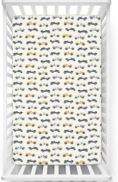 Cars Themed Fitted Mini Crib Sheets,Portable Mini Crib Sheets Toddler Bed Mattress Sheets-Baby Crib Sheets for Girl or Boy, 24 x38,Ivory Pale Orange Slate Blue Charcoal Grey