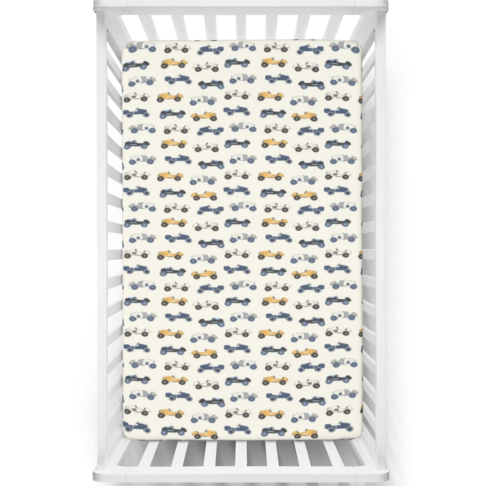Cars Themed Fitted Crib Sheet,Standard Crib Mattress Fitted Sheet Soft & Stretchy Fitted Crib Sheet-Baby Sheet for Boys Girls, 28“ x52“,Ivory Pale Orange Slate Blue Charcoal Grey