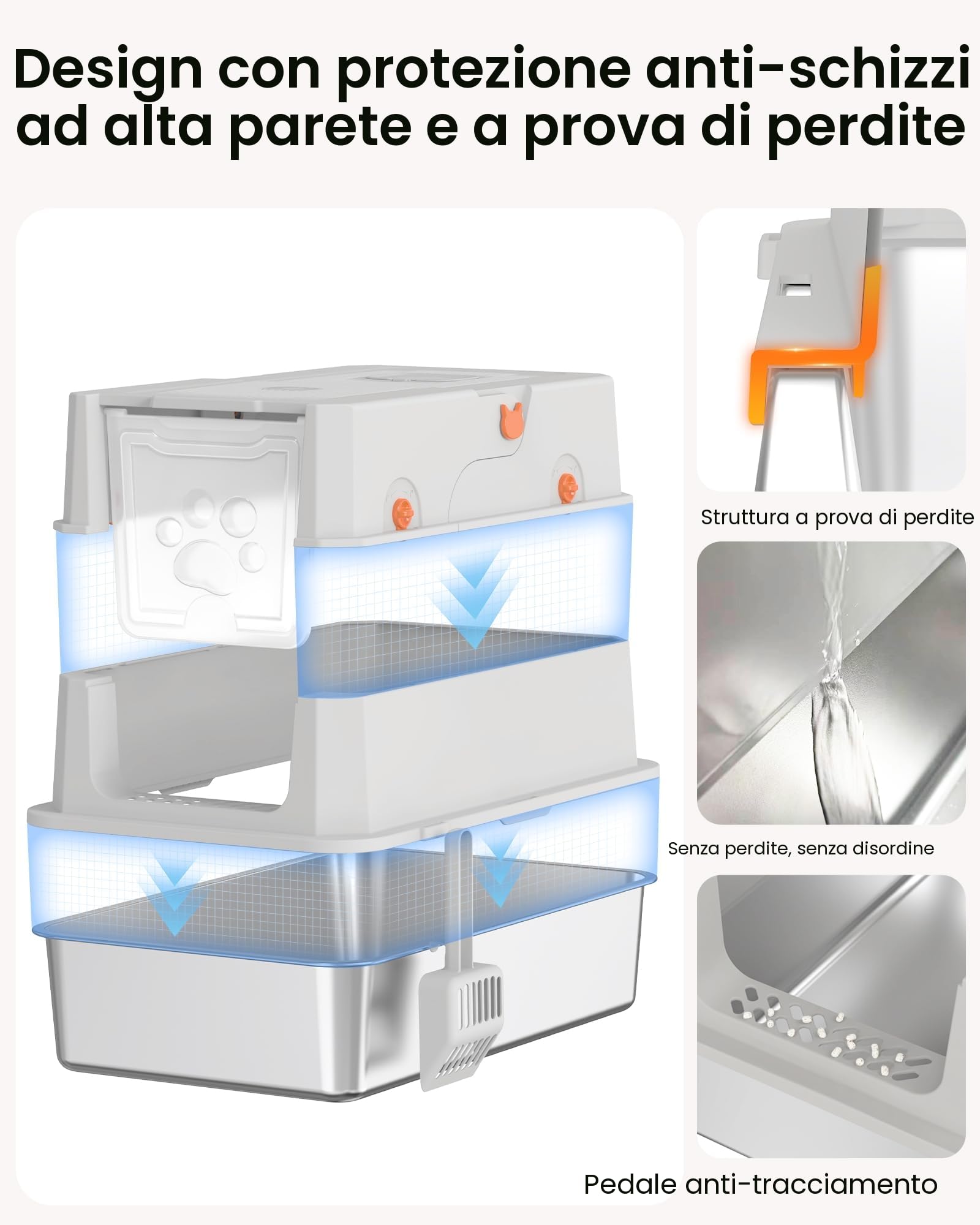 Lettiera Gatto Acciaio Inox, Lettiera Gatto Chiusa Grande XXL, Lettiere per Gatti con Paletta, Toilette per Gatti con Coperchio, Antiodore, Facile da Pulire, Antiaderente e Spaziosa