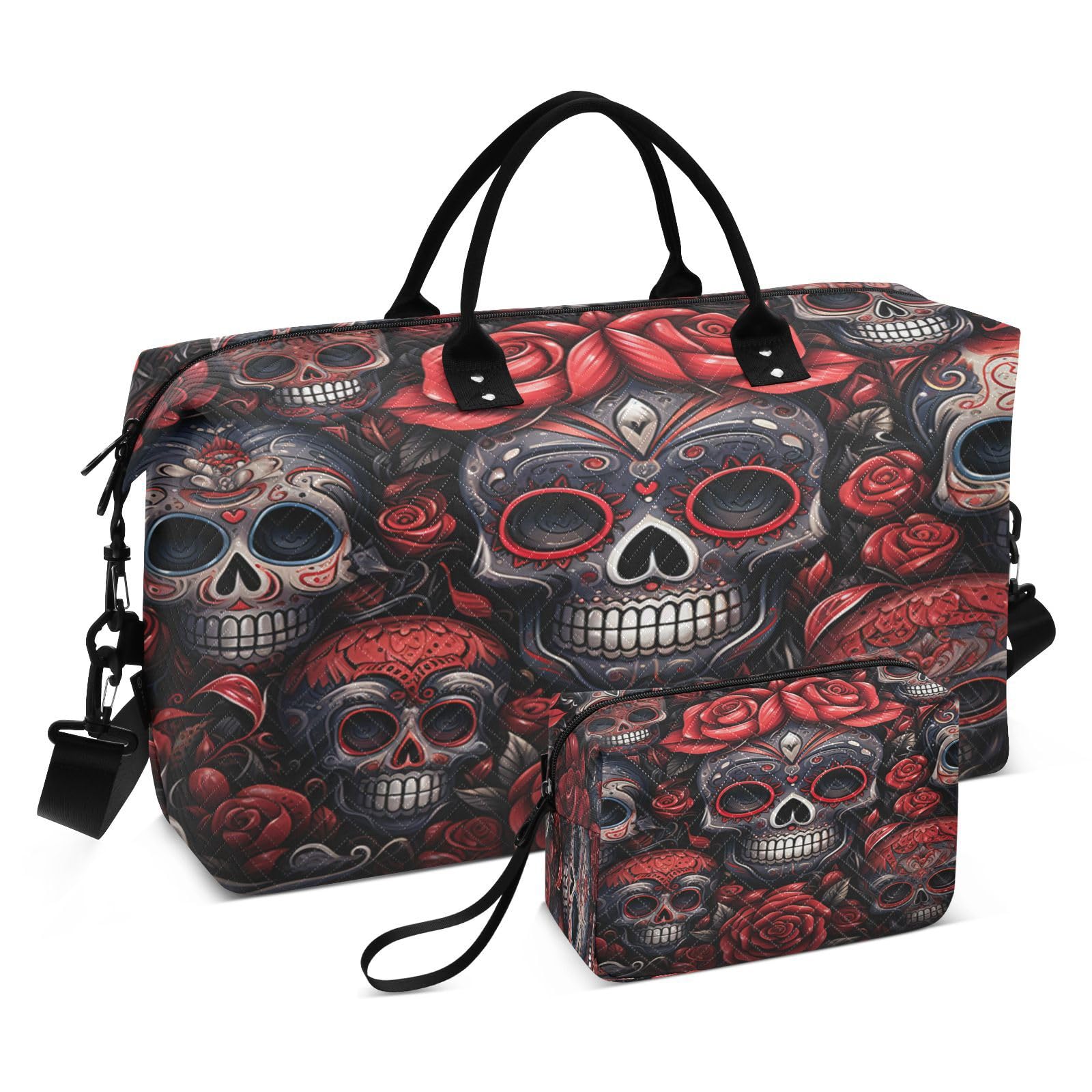 Flower Pattern Red Skulls Sports Swim Gym Bag Weekender Duffel Travel Bags Handbag with Makeup Storage Bag for Girls Men