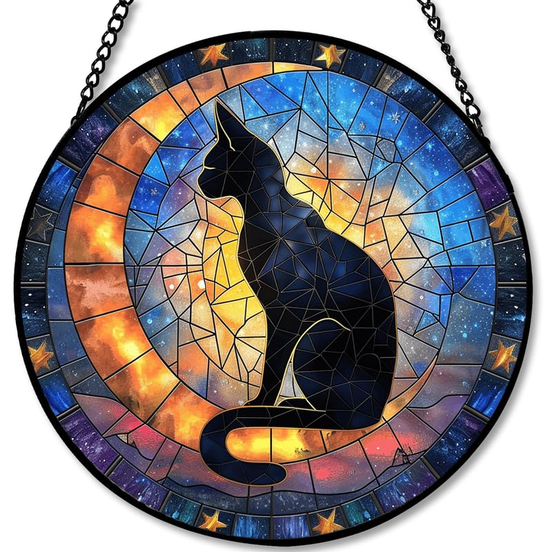 Stained Glass Window Hanging - Celestial Black Cat & Stars 7.8in Sun Catchers Indoor Stained Glass Panels Wall Decor for Mom, Wife, Lovers, Festive