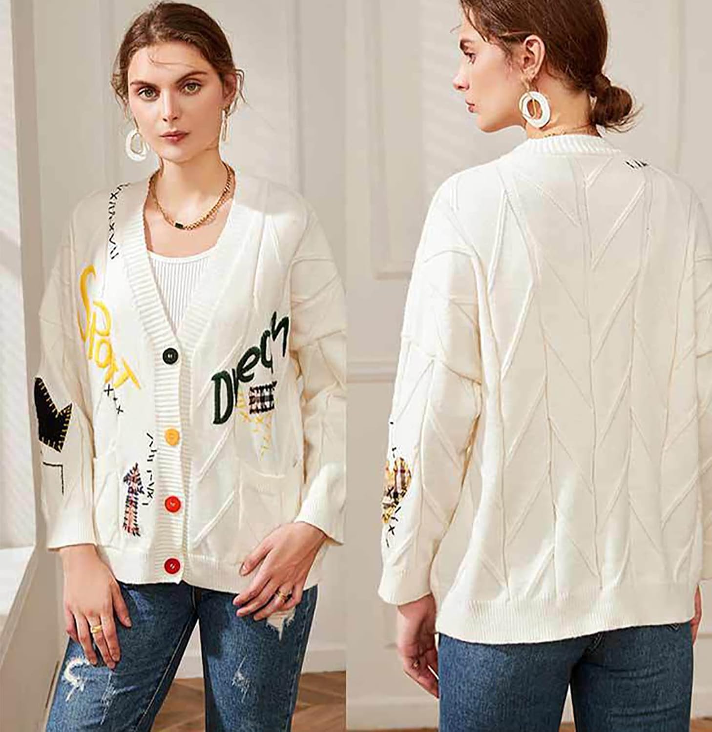 utcoco Womens Open Front Cardigan Cable Knit Long Sleeve Button Down Embroidery Cardigan Sweaters - Image 4