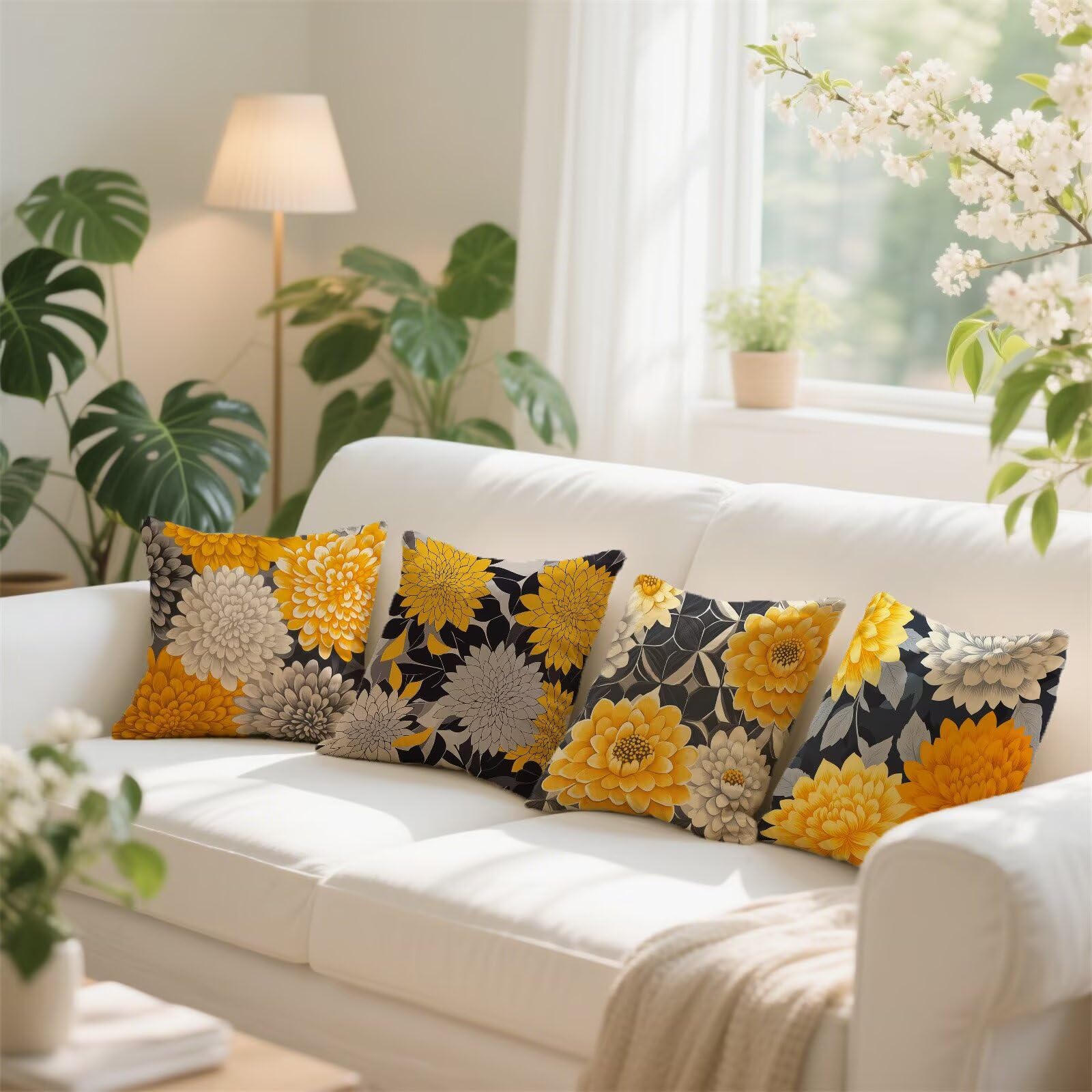 Housse Coussin 60x60 cm Lot de 4 Couleur Coussin Exterieur Impermeable lin Automne Carré Taie Oreiller Imprimé Recto Verso Oreiller Decoratif pour Salon Canape Lit Jardin été Decoration Maison X-744