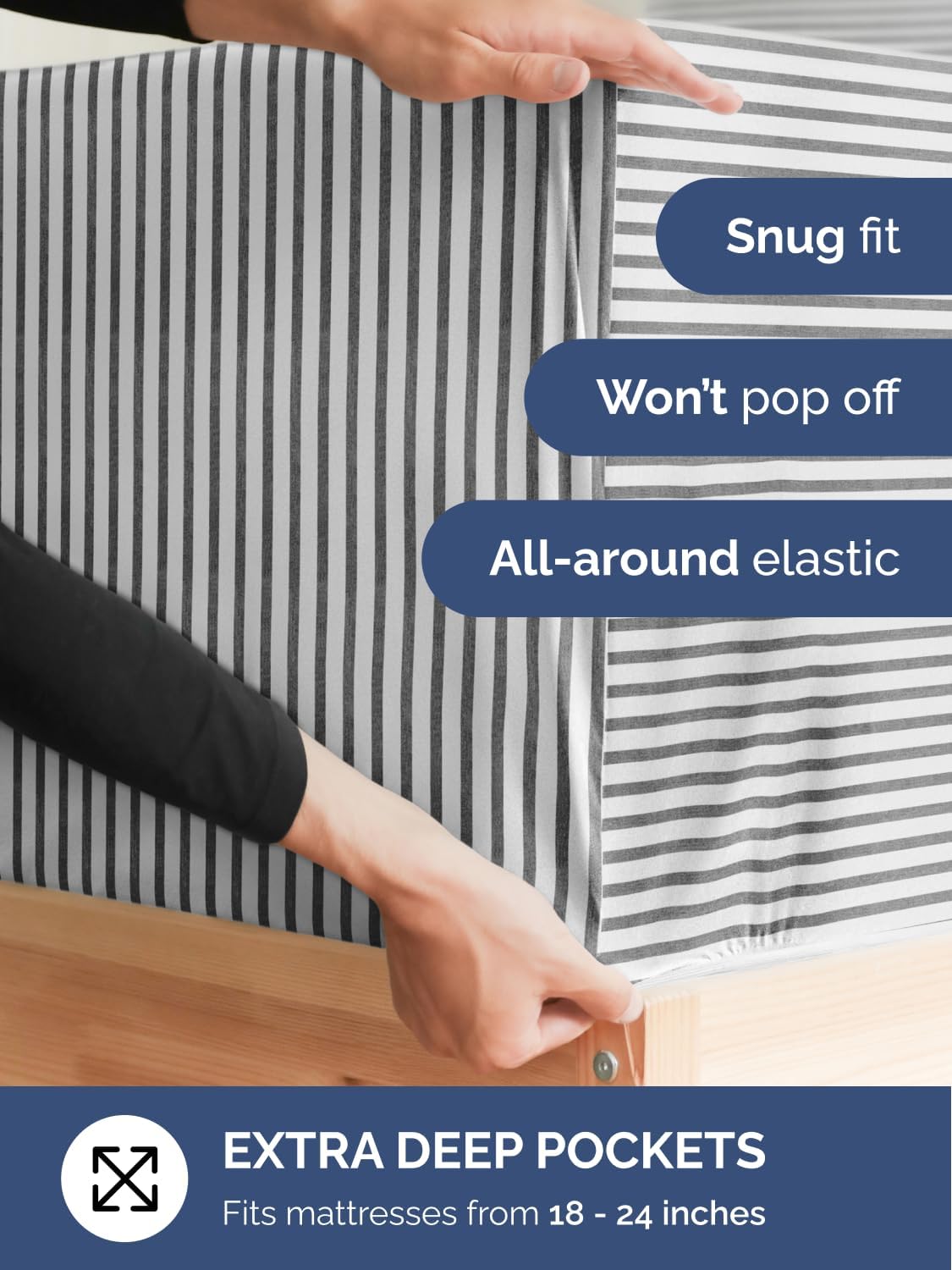 Extra Deep Queen Fitted Sheet - Hotel Luxury Single Fitted Sheet Only - Easily Fits 18 inch to 24 inch Mattress - Ultra Soft, Wrinkle Free with Extra Deep Pockets - Breathable & Comfy - Grey Stripes Queen 43 - Grey Stripes 2