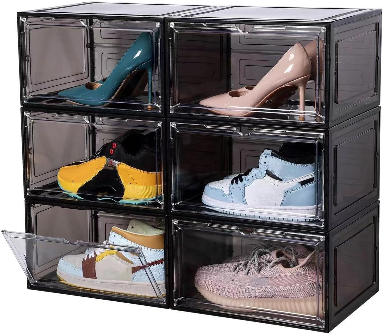 Large Clear Shoe Box Organizer,Plastic Stackable Shoe Storage Box with Magnetic Door, Large Clear Door Shoe Containers for Display Sneakers, Easy Assembly（Black）
