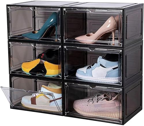 Miniatura 8 de Caja de zapatos transparente apilable de plástico mejorado, paquete de 6 cajas de almacenamiento de zapatos, organizador con puerta magnética grande