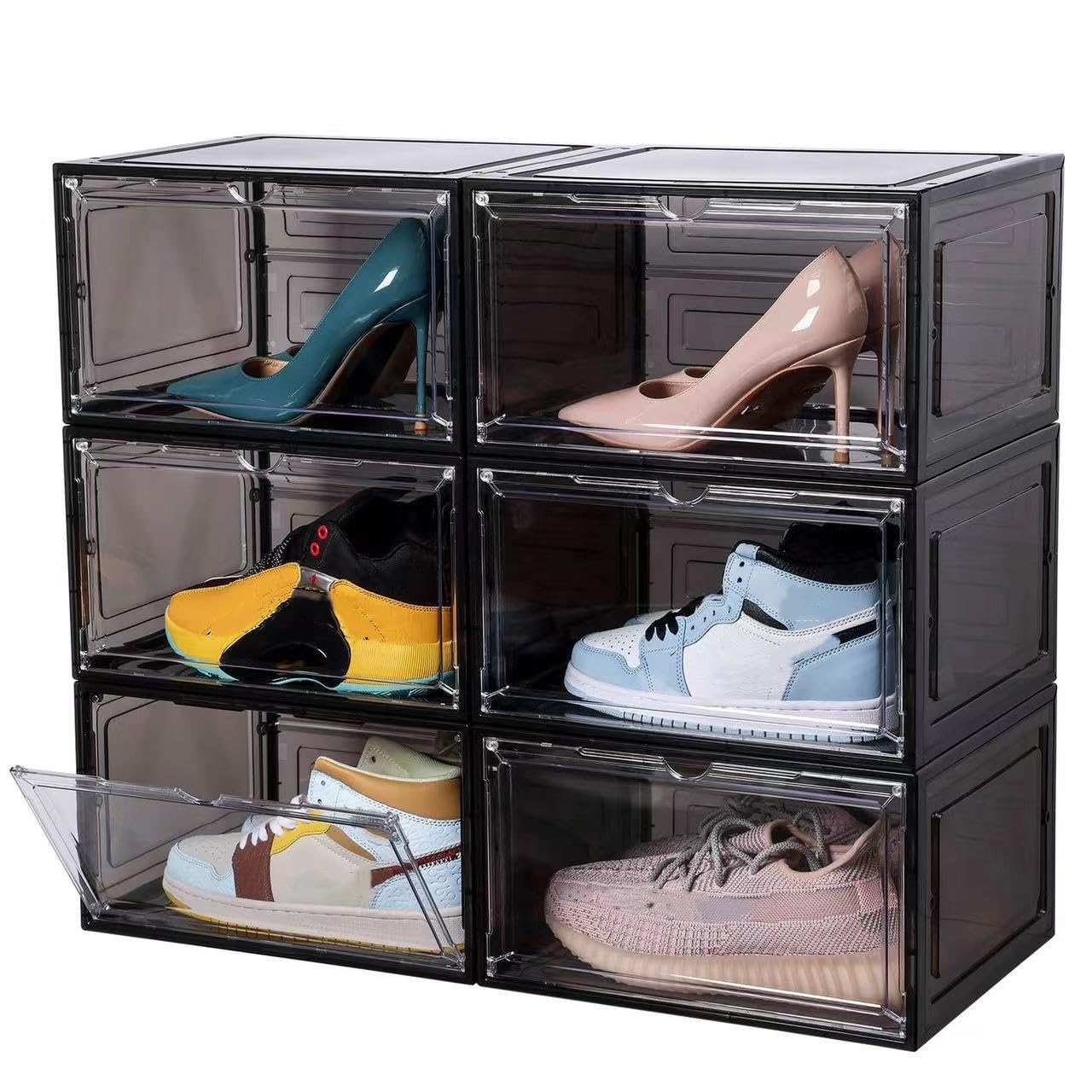Large Clear Shoe Box Organizer,Plastic Stackable Shoe Storage Box with Magnetic Door, Large Clear Door Shoe Containers for Display Sneakers, Easy Assembly（Black）