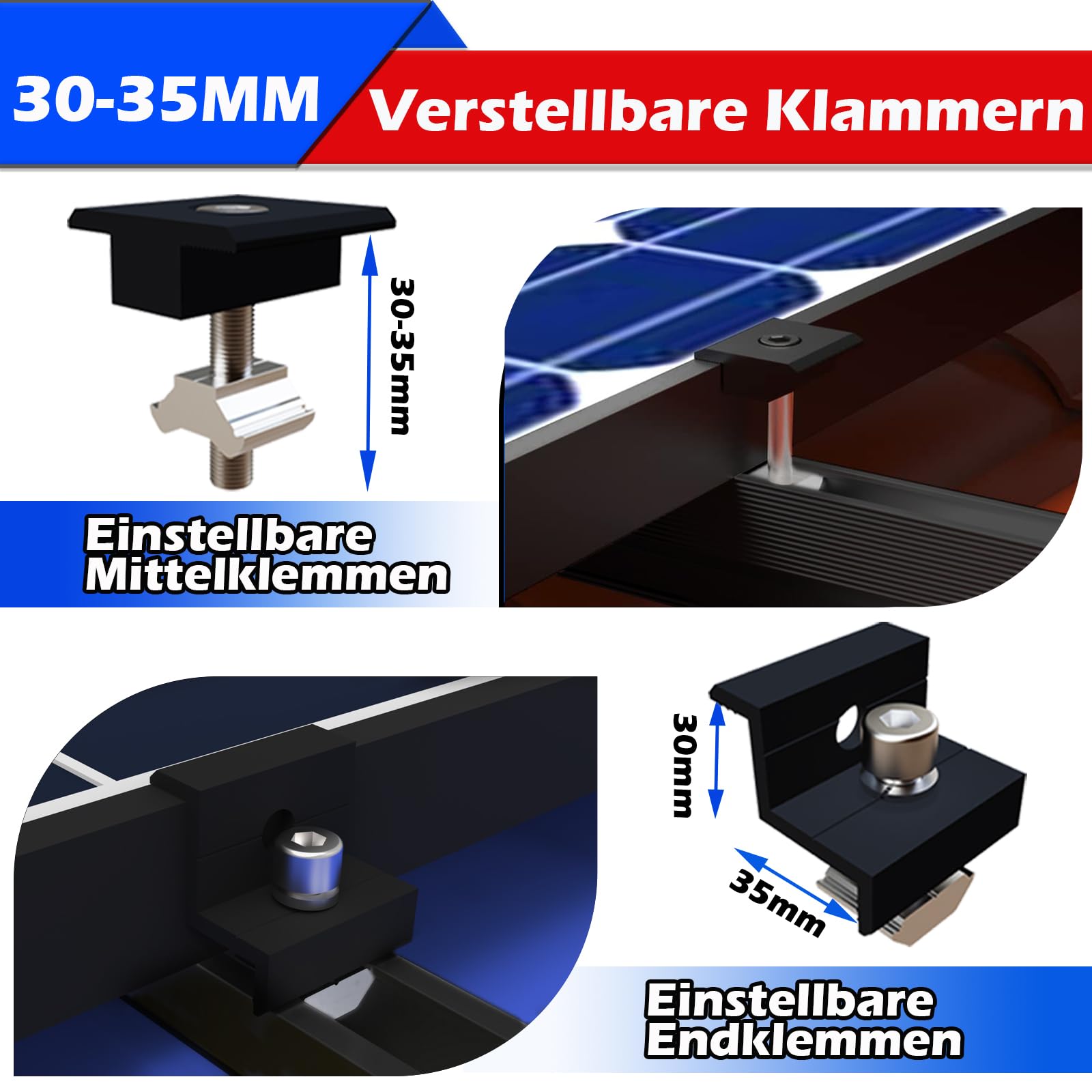 Warmfay Kit di montaggio per modulo solare, profilo in alluminio nero da 12 cm e staffe regolabili, fissaggio per pannello solare, supporto per pannello solare, 4 moduli da 30 a 35 mm per tetto