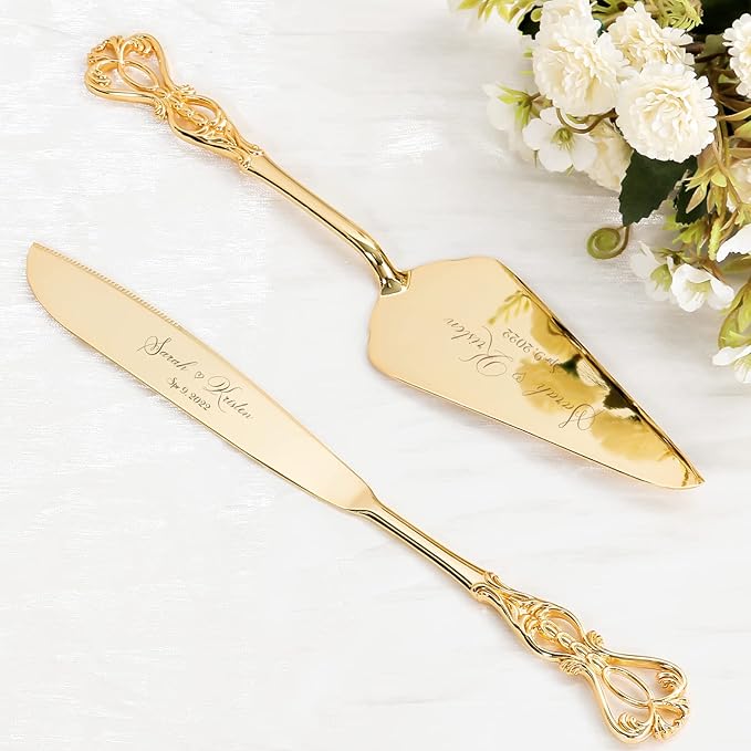 vomiceak Cake Cutting Set for Wedding, Personalized Gold Cake Knife and Server Set, Custom Cake Serving Set, Engraved Pastry Pie Server Cake Pizza Cutter, Birthday Gift for Cake Lover
