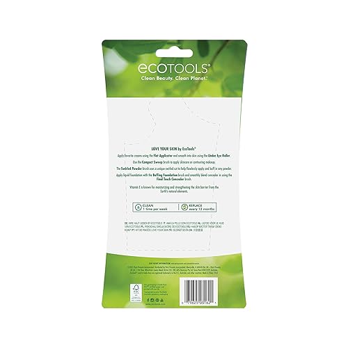 Miniatura 6 de EcoTools Kit de brochas de maquillaje Love Your Skin con aplicador plano, rodillo debajo de los ojos, barrido de contacto, polvo remolinado, base de