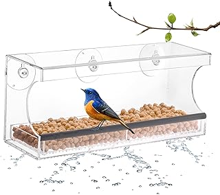 Foraineam Clear Window Bird Feeder with Removable Seed Tray and Strong Suction Cups, Acrylic Outside Wild Bird House High Seed Capacity Transparent Viewing Outdoor Birdfeeders with Drain Holes