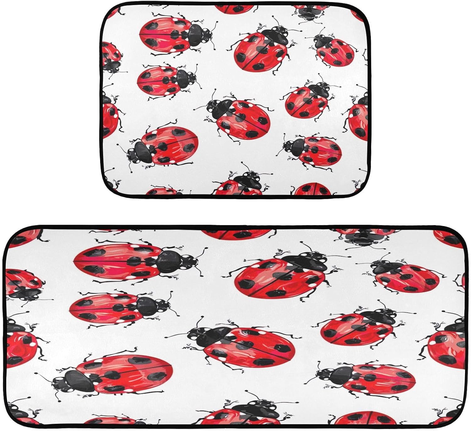 2-Piece Kitchen Rug Set, Lady Bug Pattern Cushioned Comfort Mats Non-Slip Absorbent Washable Rugs for Kitchen Floor