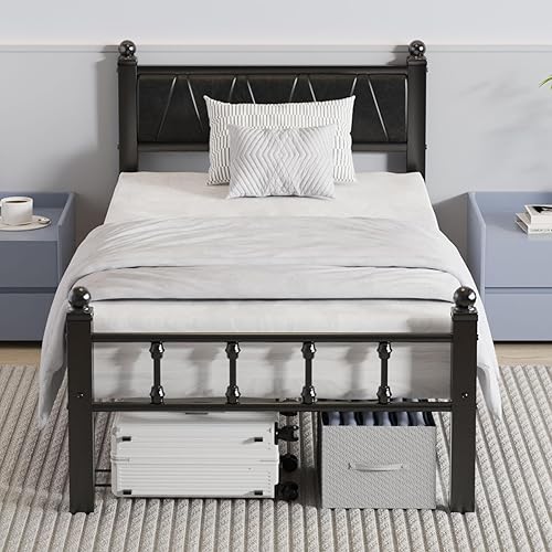 Metal Twin Bed Frames with Headboard, Noise-Free Heavy Duty Platform Bed Frame with 1300lbs Steel Slats Support, No Box Spring Needed, 12" Under-Bed Space, Easy Assembly, Black