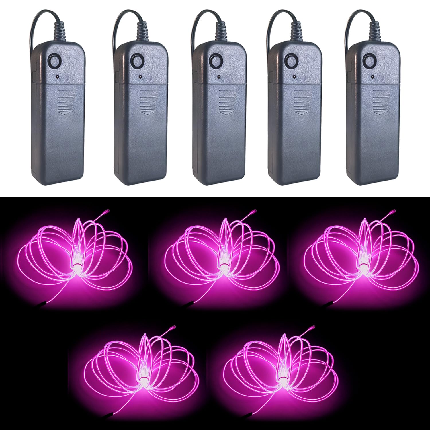 Gcidto EL Wire 5-Colour Pack, 9ft（2.75m） Neon Light Wire 5‑Pack with Noise Reduction & Controller Pack for Halloween Décor & DIY. (Pink)