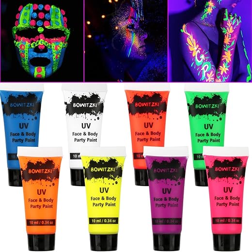 Bowitzki UV Neon Face Body Paint 8 Tubes 0.34oz Liquid Kit Black Light Glow in The Dark Makeup Set Fluorescent Painting for Adults Kids Music Festivals Party Halloween Christmas