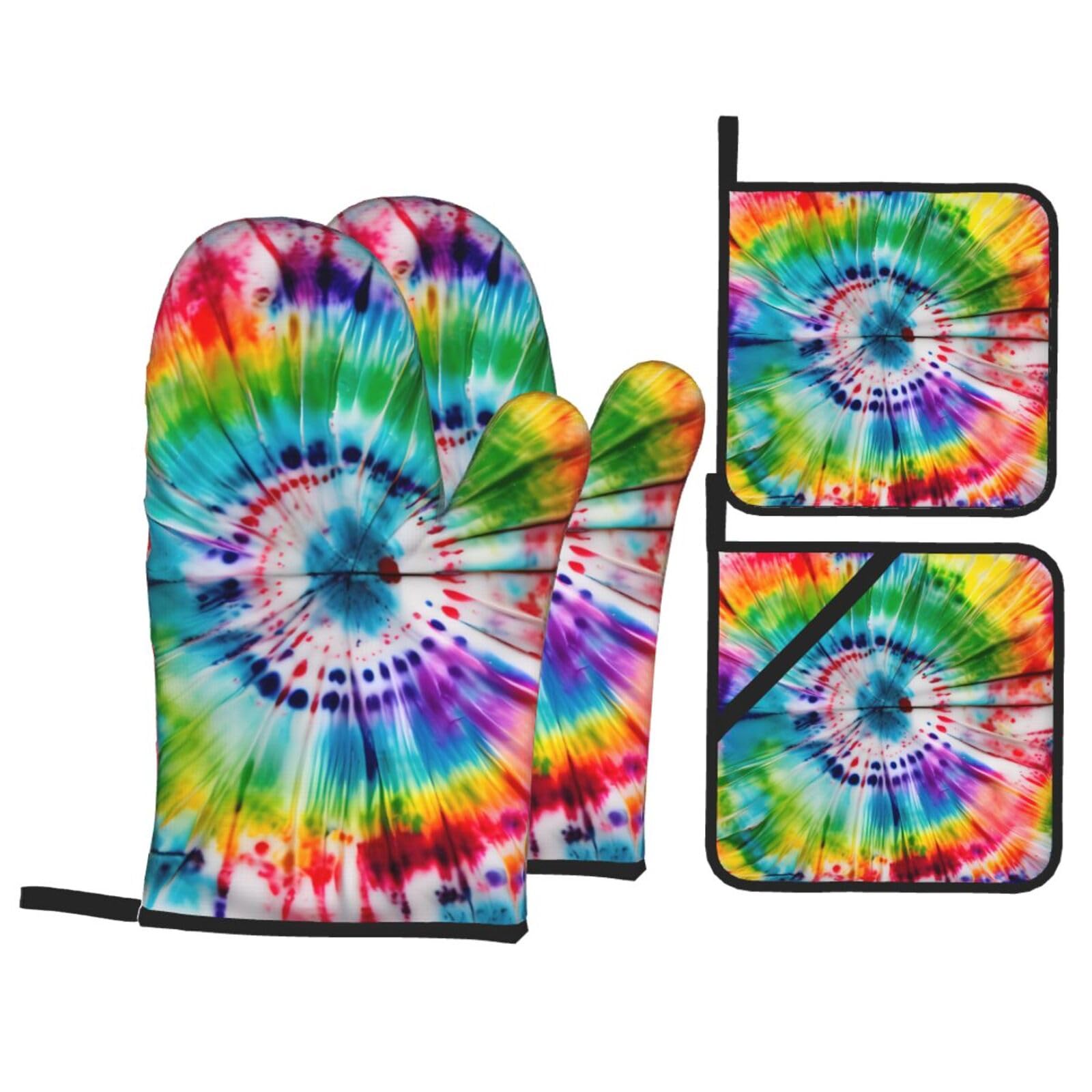 Nimongt Black Tie Dye Hippies Print Heat-Resistant 4-Piece Oven Kitchen Gloves For Baking Cooking Microwaving Essentials