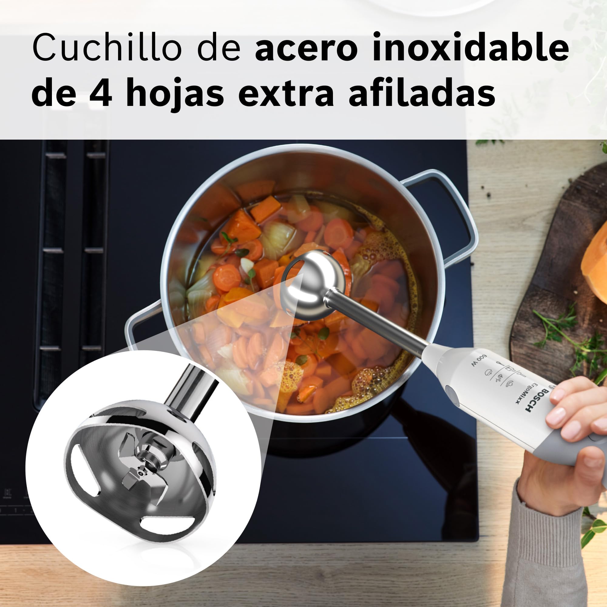 Bosch - Batidora de mano, ErgoMixx, 600 W, QuattroBlade, Blanco, MSM66110