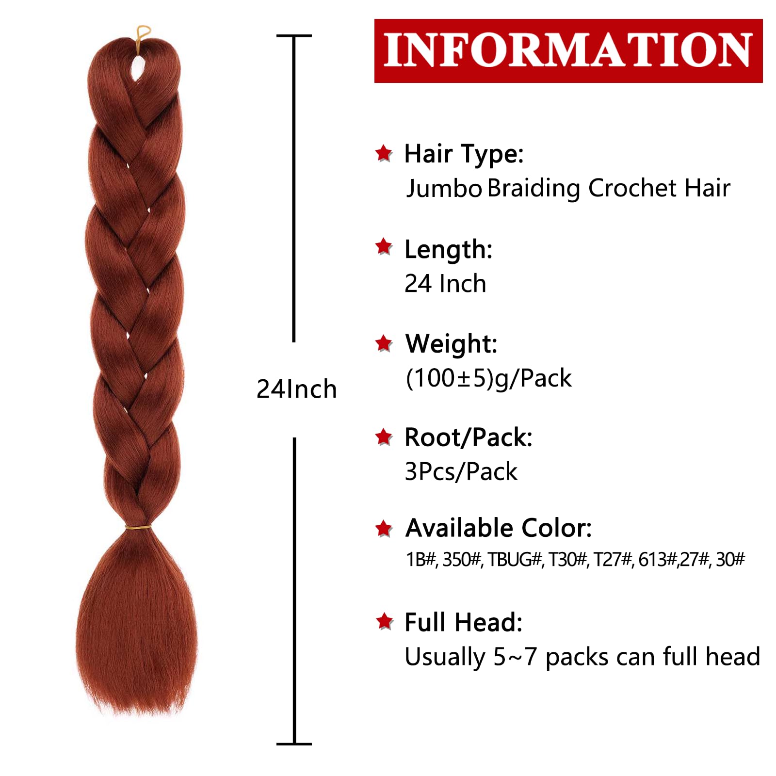 Xtrend 3 Packs 24 Inch Copper Red Jumbo Braiding Hair for Twist Box Braids - Kanekalon Synthetic High Temperature Hair (3 Packs, 350#) - Image 2