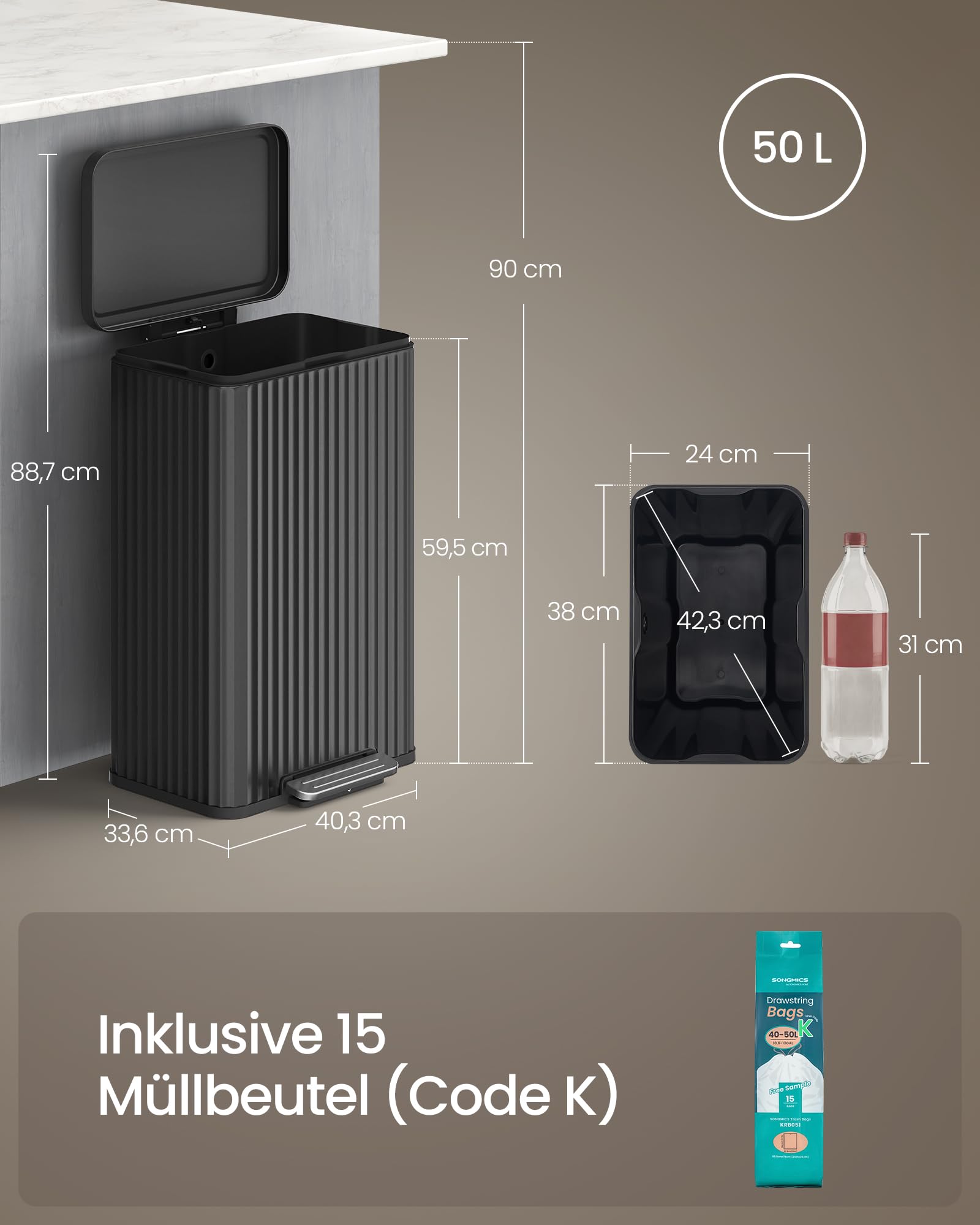 SONGMICS Mülleimer Küche 50 Liter Tretmülleimer mit Deckel Softclose Stahl tintenschwarz