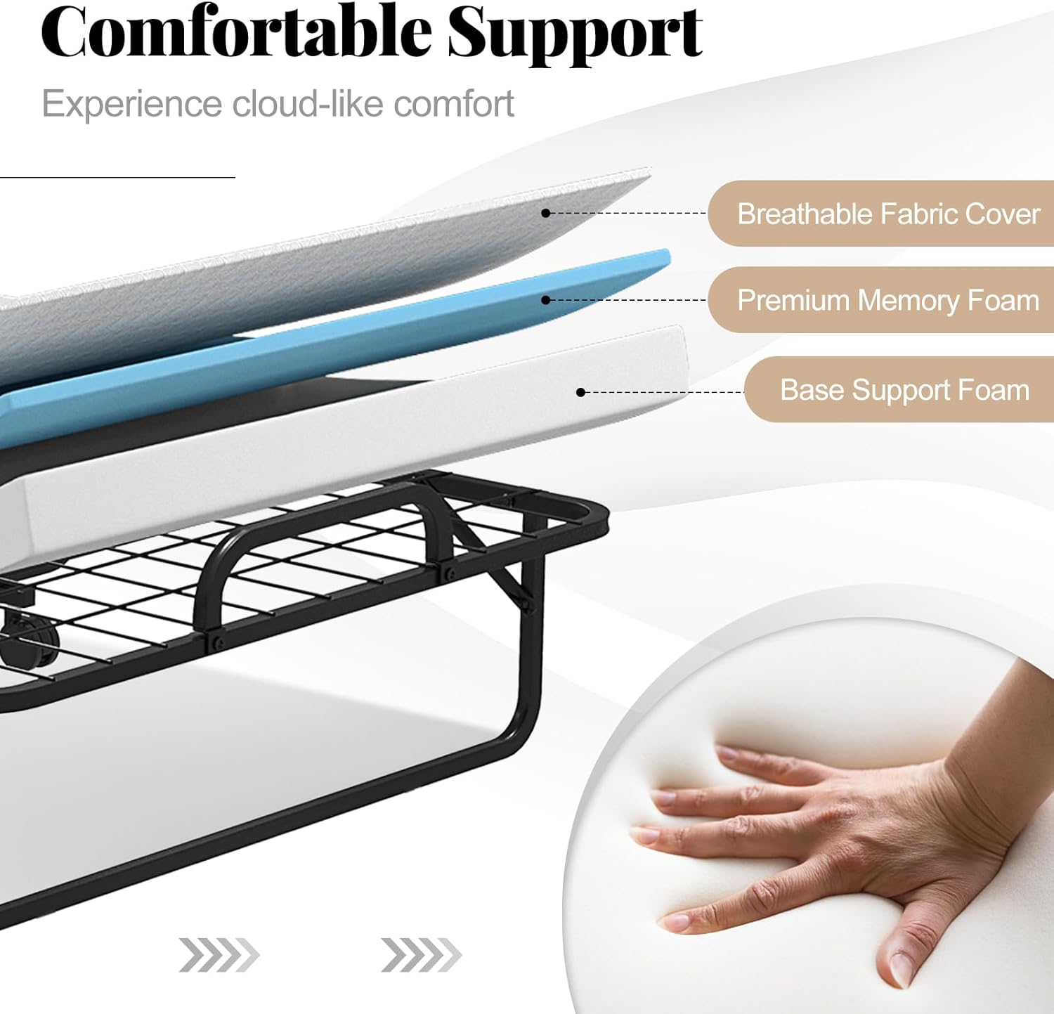 GOFLAME Folding Bed with Memory Foam Mattress & Pillow, 75' x 39' Twin Size, Roll Away Guest Bed on Wheels, Metal Frame, Storage Cover Included