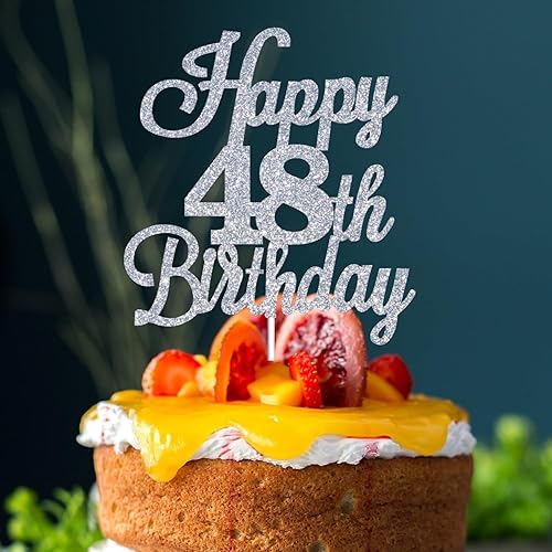 Miniatura 6 de Happy 48th Birthday Cake Toppers Sliver Glitter, Cheers to 48 Years Old Bday Decoration 48th Anniversary Cake Topper, Forty-eight Theme Cake