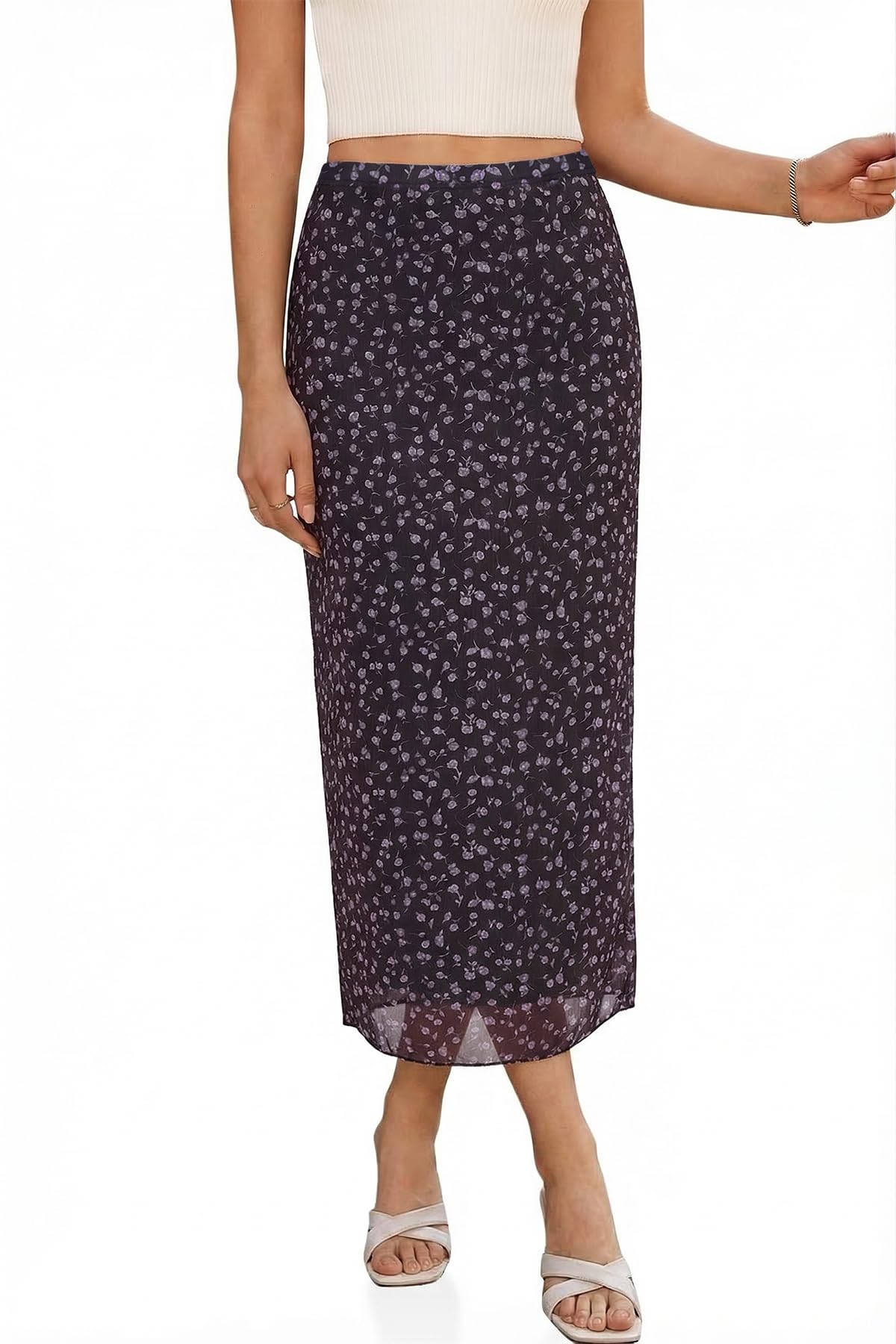 Cicy Bell Womens Floral Boho Mesh Midi Skirt Elastic High Waisted Flowy Summer Casual Vintage Long Skirts