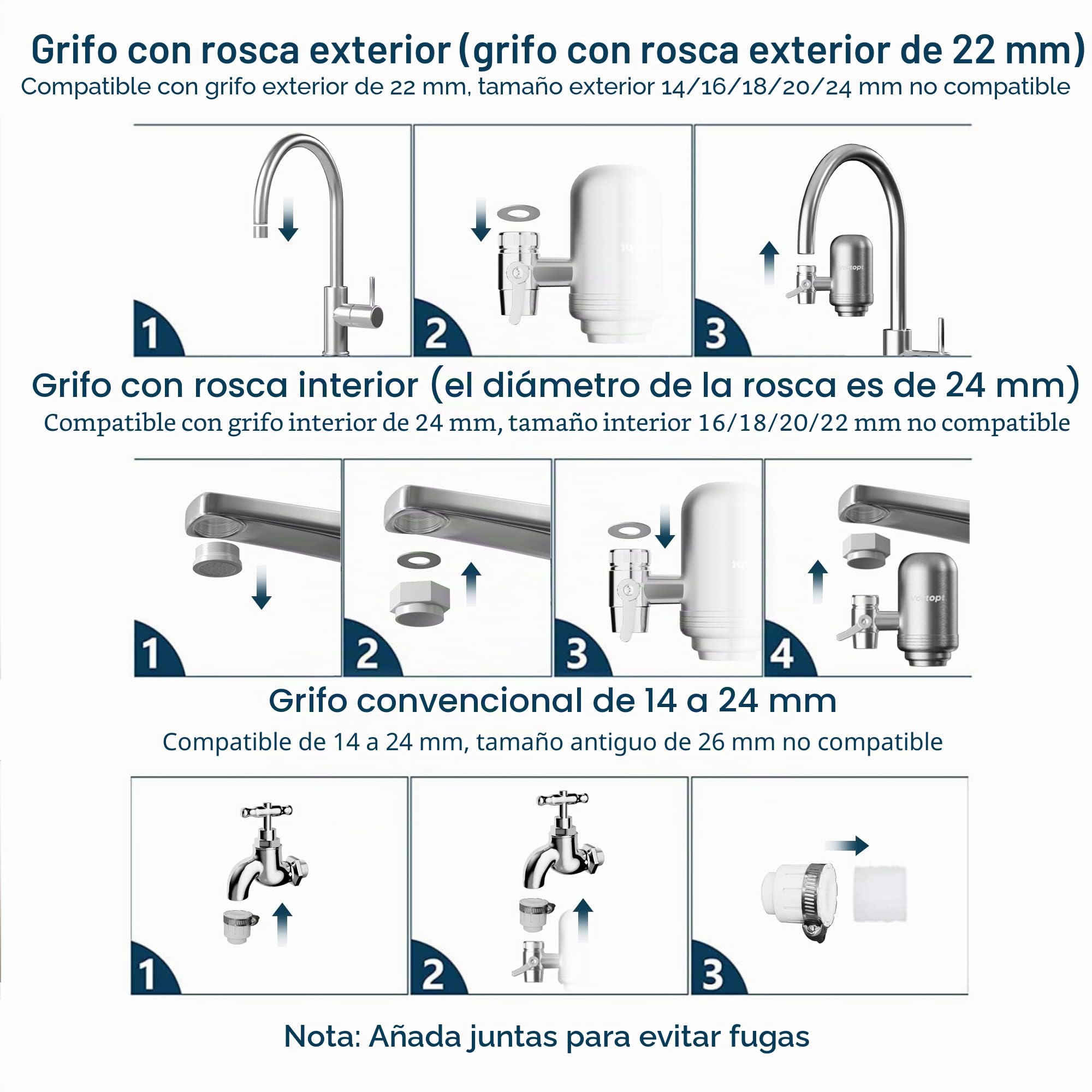 Vortopt Filtro de Agua para Grifo de Acero Inoxidable - Purificador de Agua para Grifo - Filtro Agua Grifo para Cocina, Bañera, Reduce el Plomo, el Cloro y el Mal Sabor, T2 (2 Filtros)