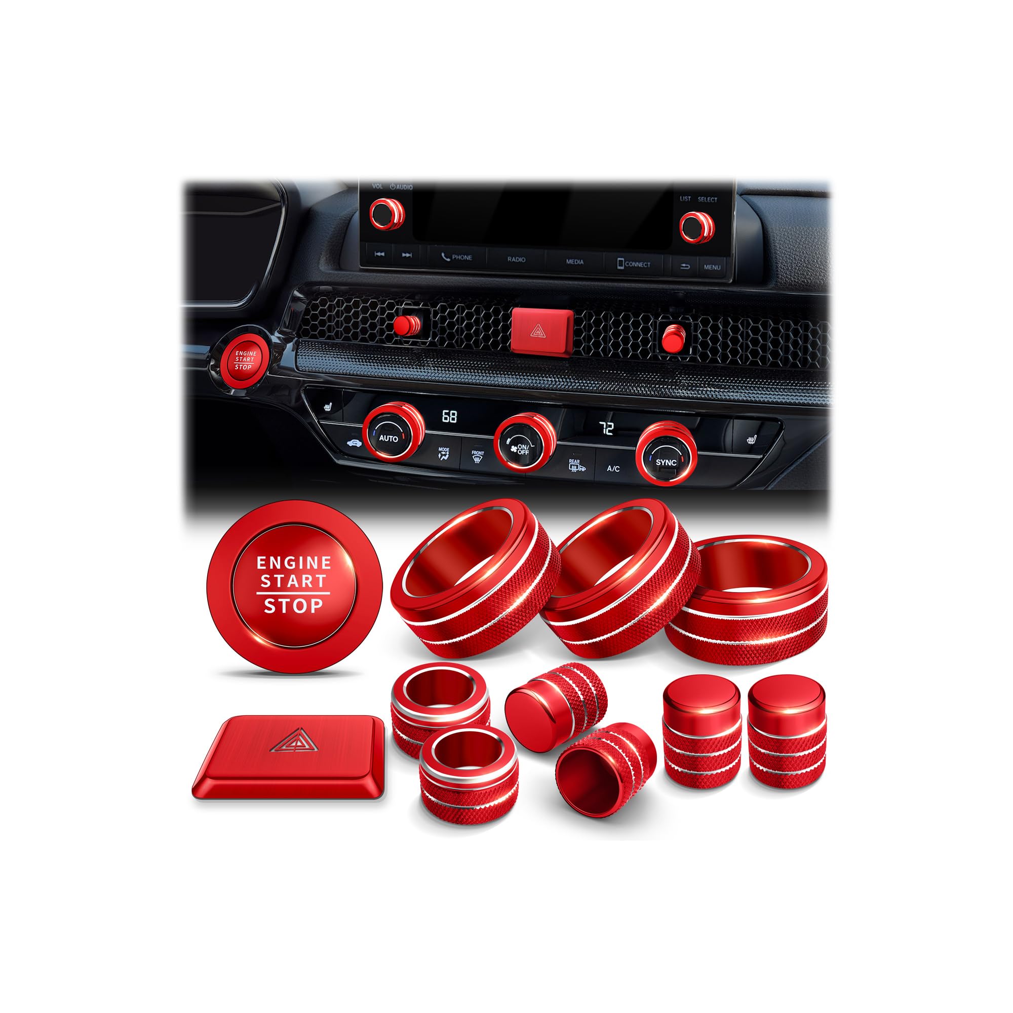 Polodunn for 2022-2026 Honda Civic Accessories, 2023-2026 Honda CR-V & Acura Integra Accessories (7" Screen with 2 Audio Knobs), 12PCS Knob Cover Set - Hazard, Start, Audio, AC & Air Vent (Red)