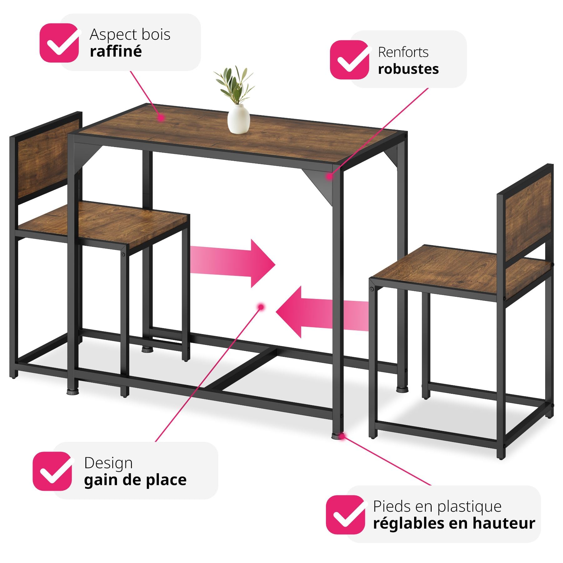 tectake Ensemble Table et 2 chaises Ensemble de Salle à Manger Groupe de sièges Meuble pour Salle à Manger – diverses Couleurs (Bois foncé Style Industriel)