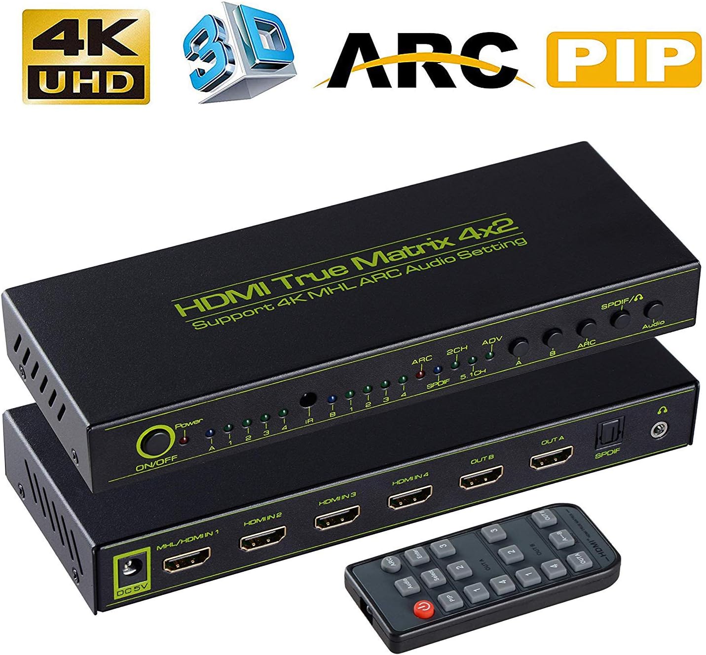 4K HDMI Splitter Switch, 4 Input 2 Output HDMI Switch Splitter True Matrix HDMI Splitter Switch, 4x2 ARC HDMI Splitter Support 4K/Audio EDID/Audio Extractor/PIP